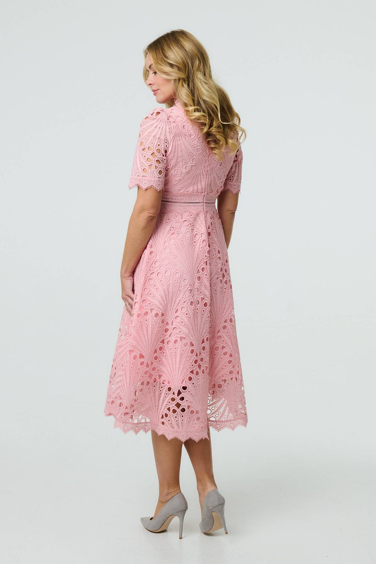 Floral Lace Cut Out Frilled Trim Midi Dress Detail View