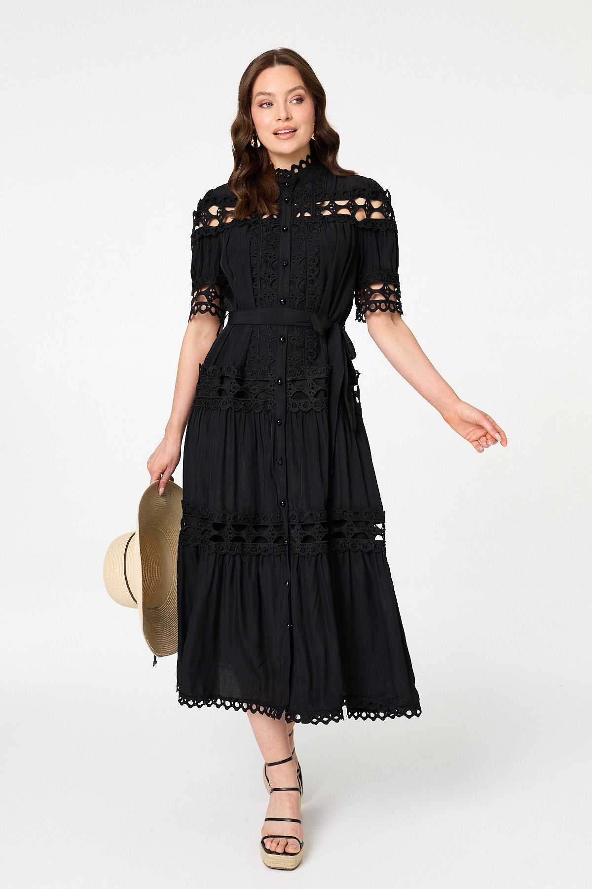 Lace Cut Out Detail Tie Waist Midi Dress Styled View