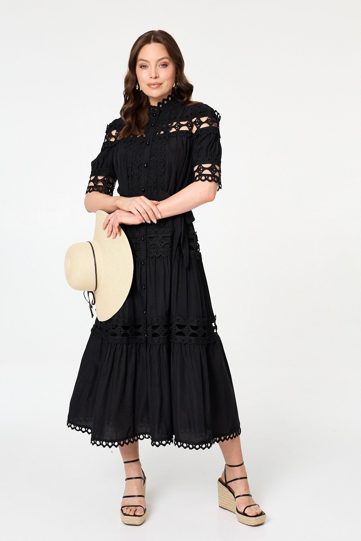 Lace Cut Out Detail Tie Waist Midi Dress Front View