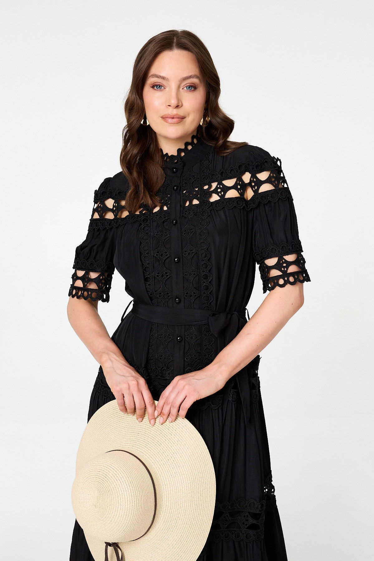 Lace Cut Out Detail Tie Waist Midi Dress Back View