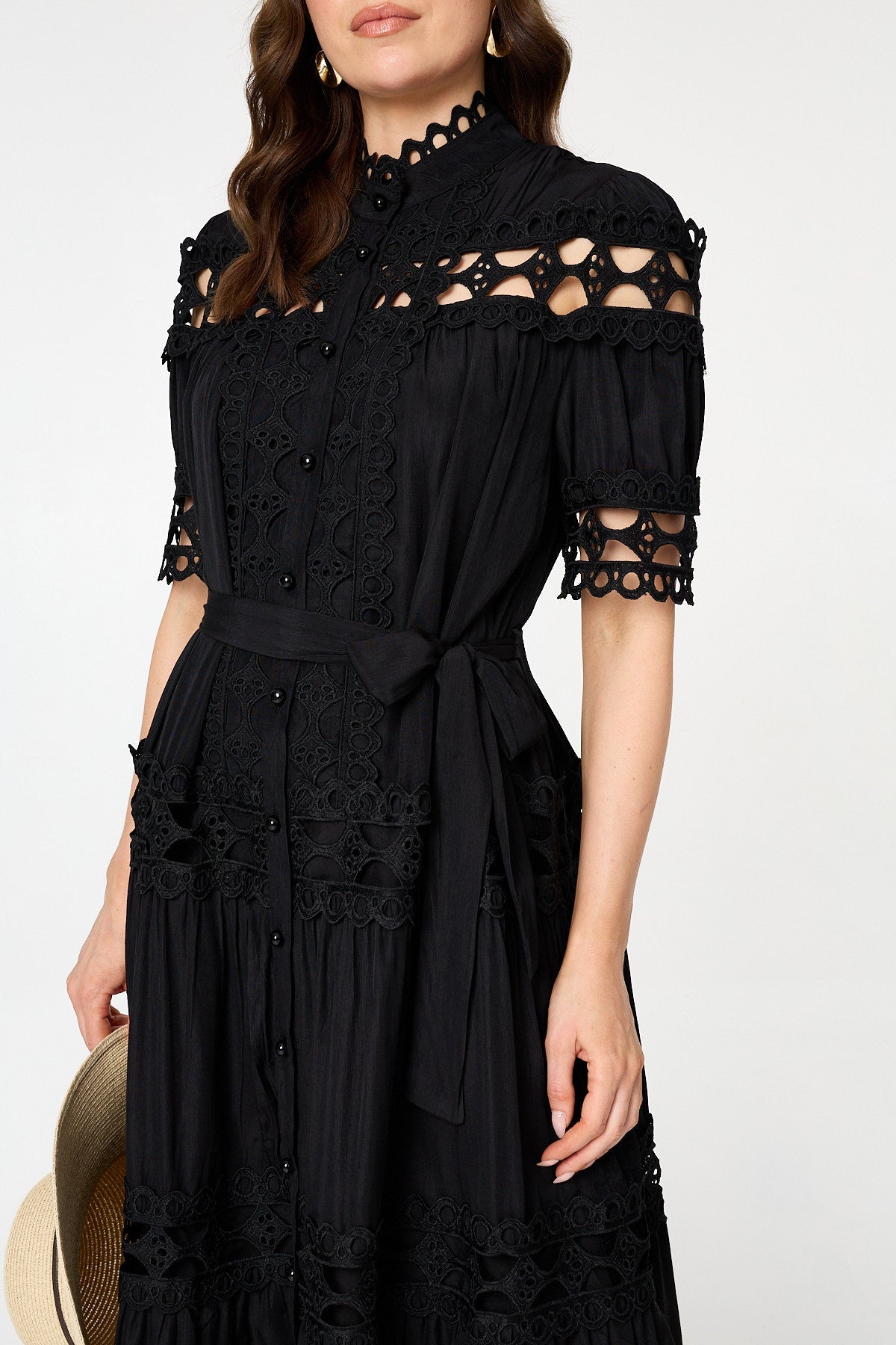 Lace Cut Out Detail Tie Waist Midi Dress Back View 2
