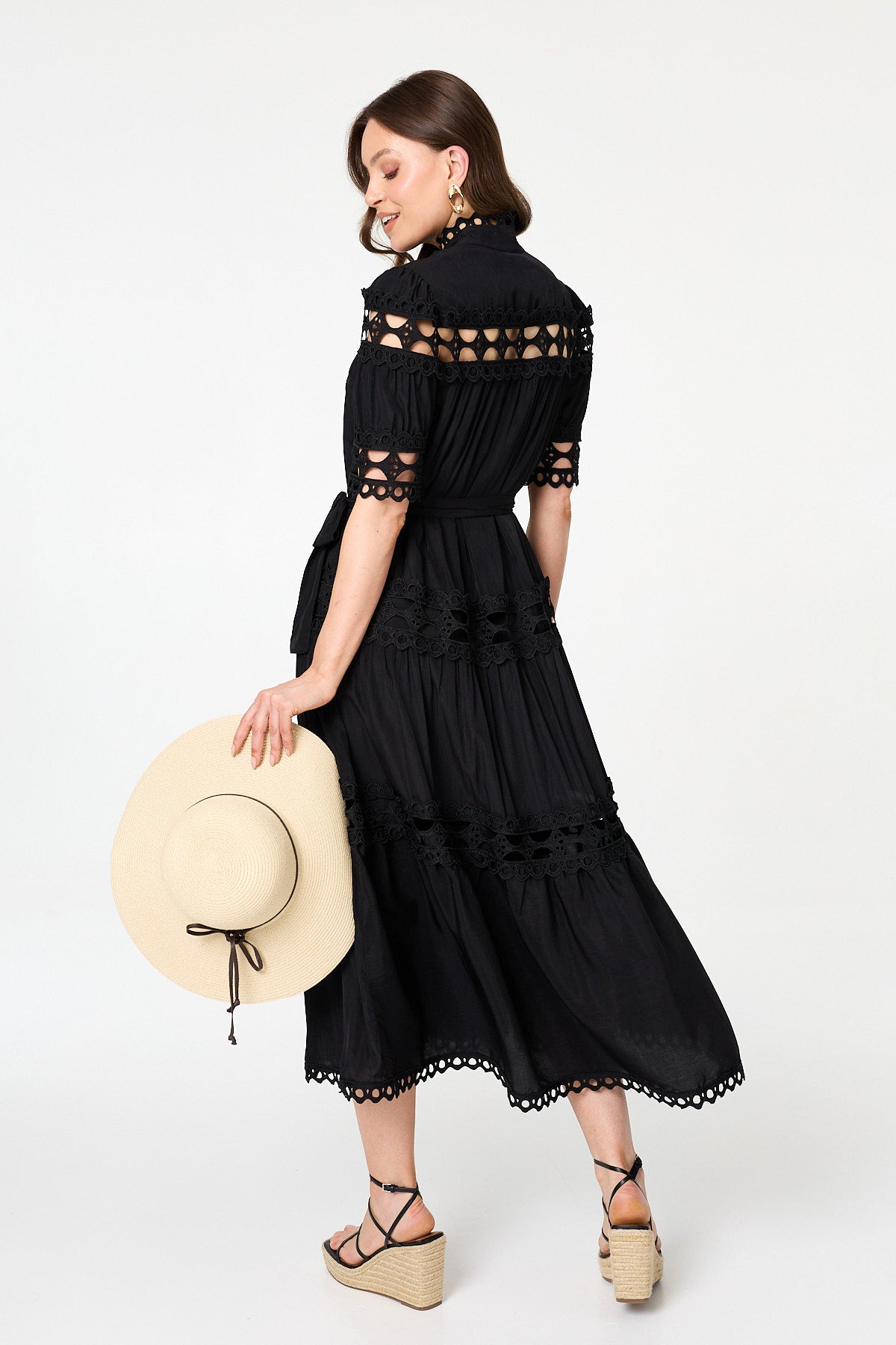 Lace Cut Out Detail Tie Waist Midi Dress Detail View
