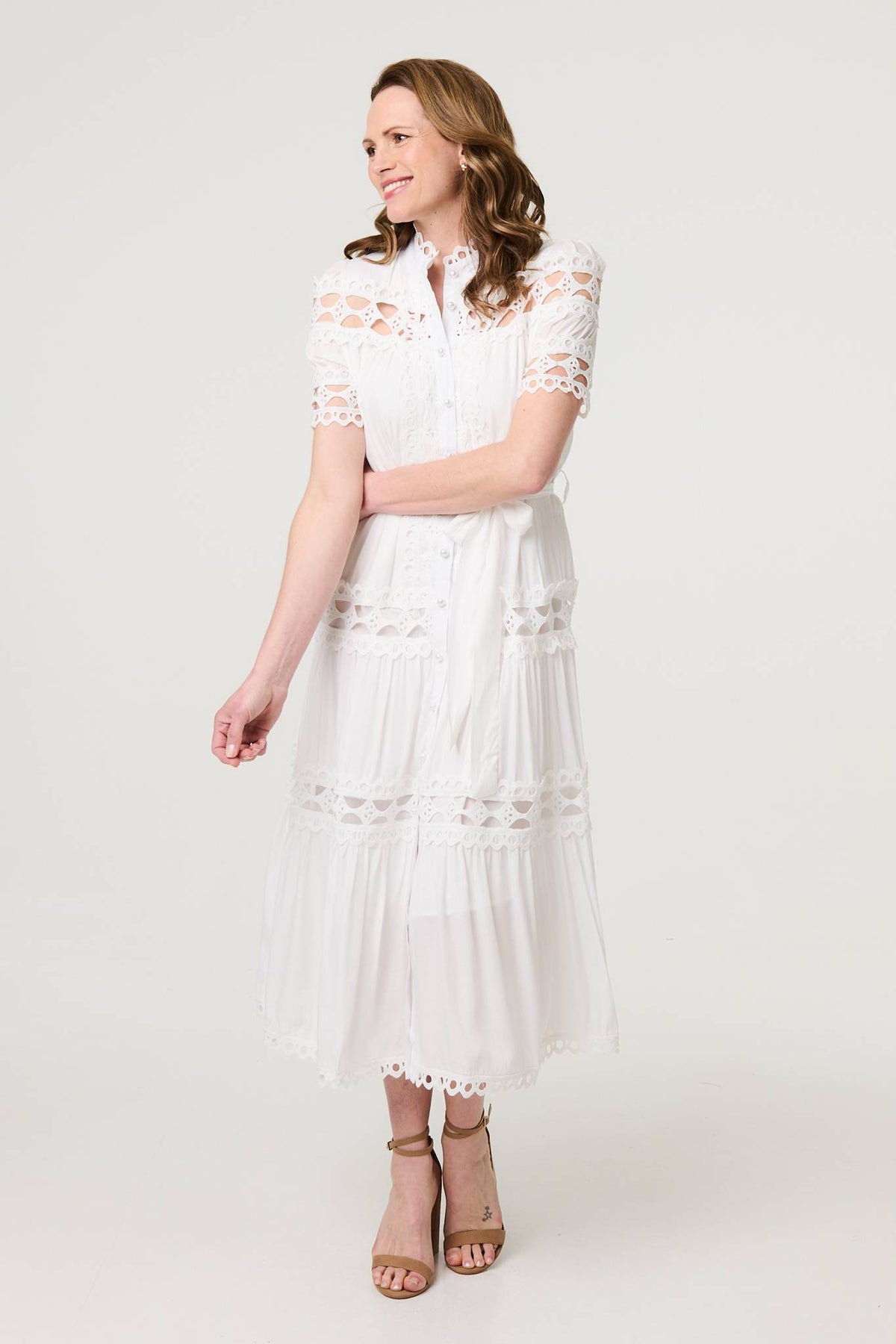 Lace Cut Out Detail Tie Waist Midi Dress Side View 3