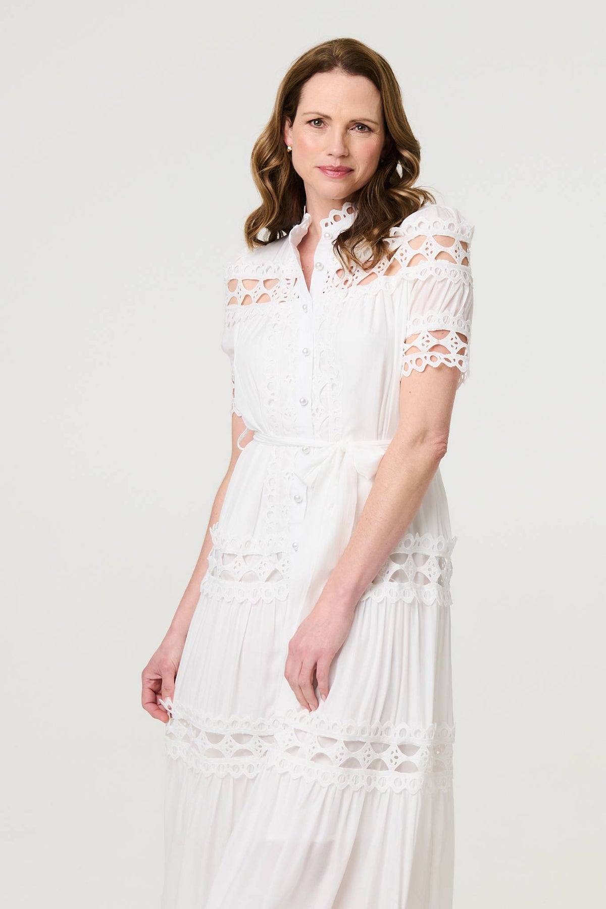Lace Cut Out Detail Tie Waist Midi Dress Full Length View 2