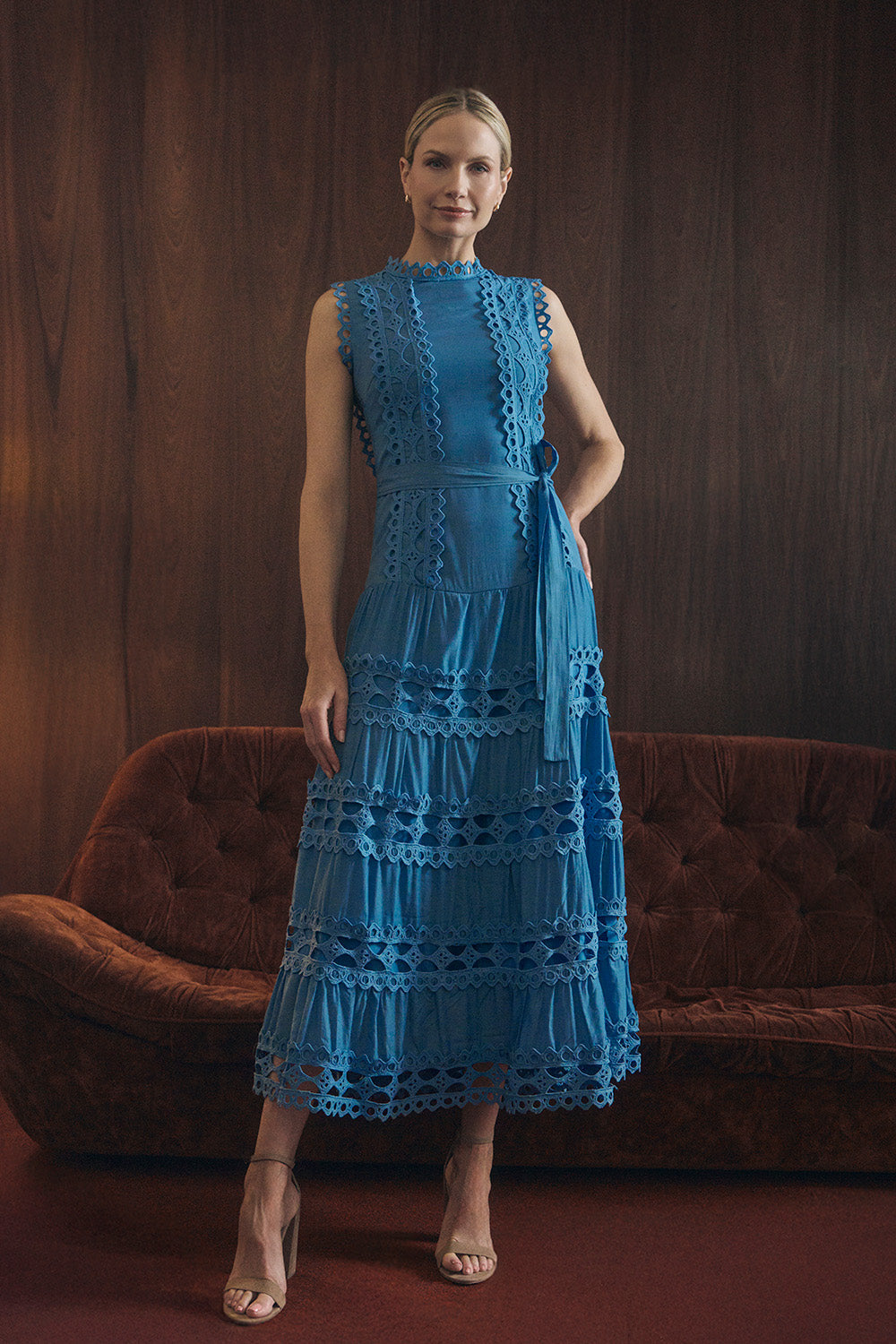 Lace Layer Sleeveless Tie Maxi Dress Front View