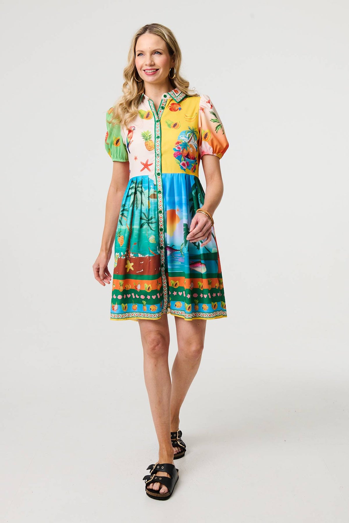 Printed Puff Sleeve Short Shirt Dress Styled View