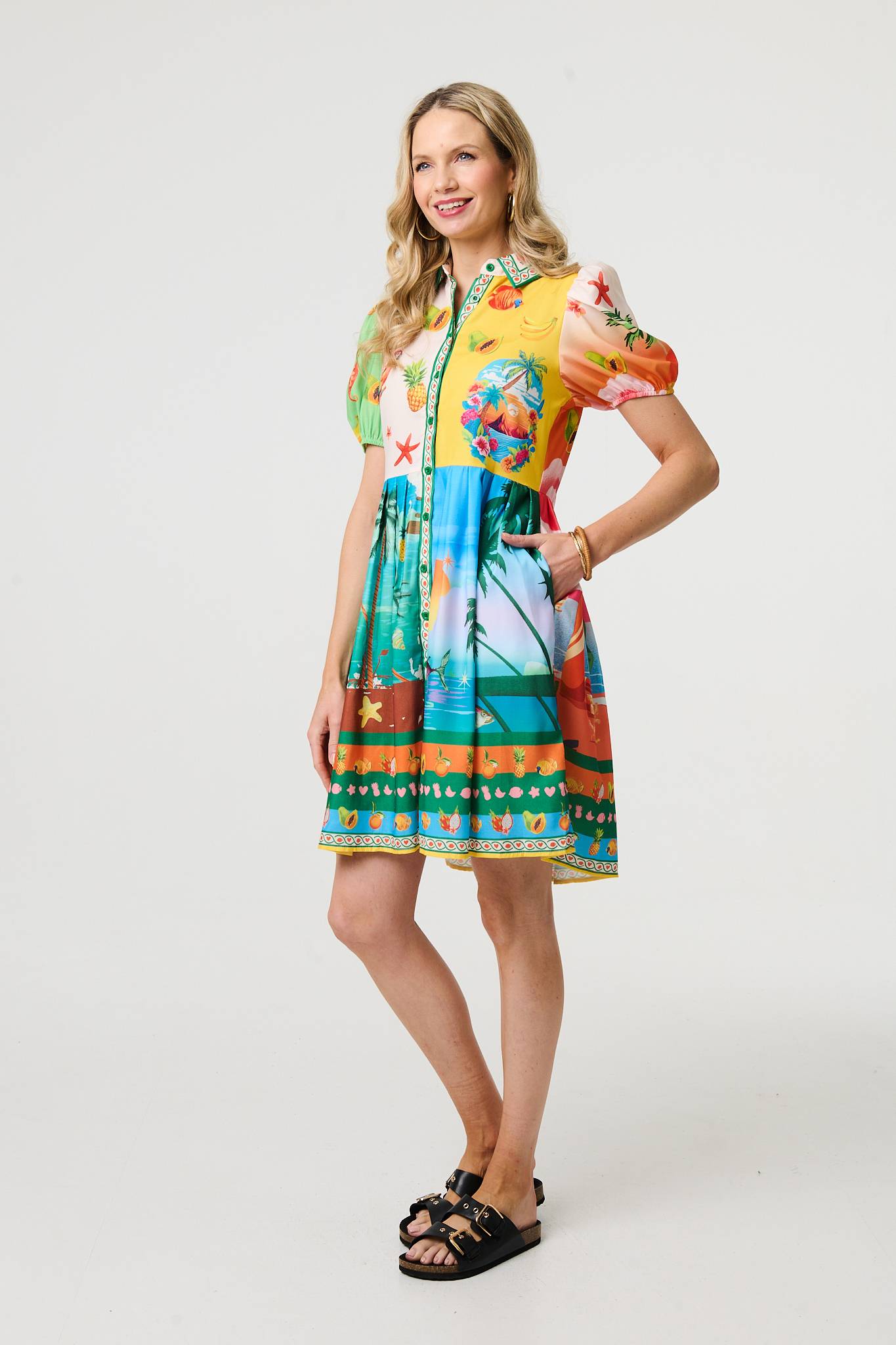Printed Puff Sleeve Short Shirt Dress Side View