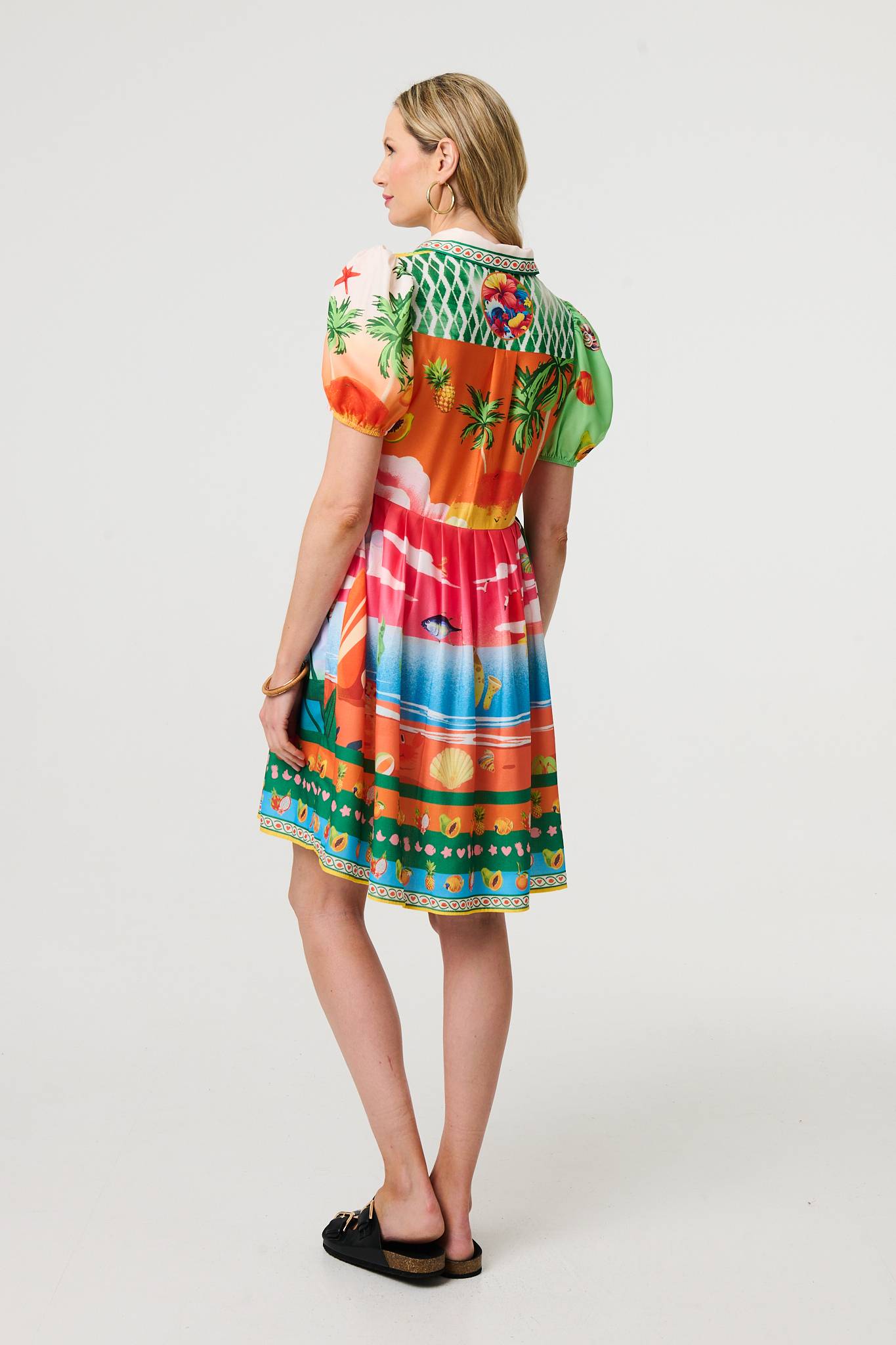 Printed Puff Sleeve Short Shirt Dress Back View