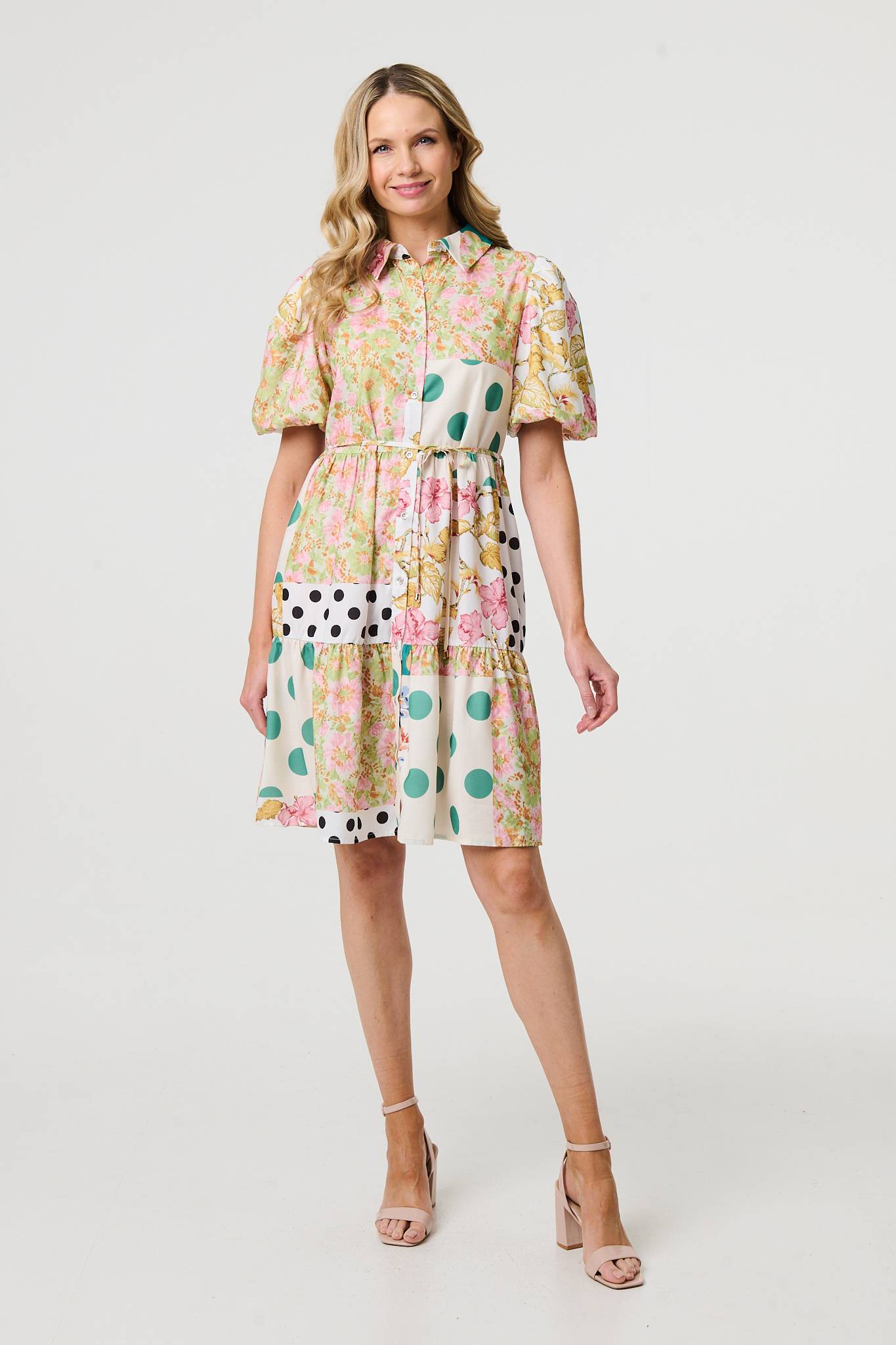 Patchwork Print Knee Length Shirt Dress Front View