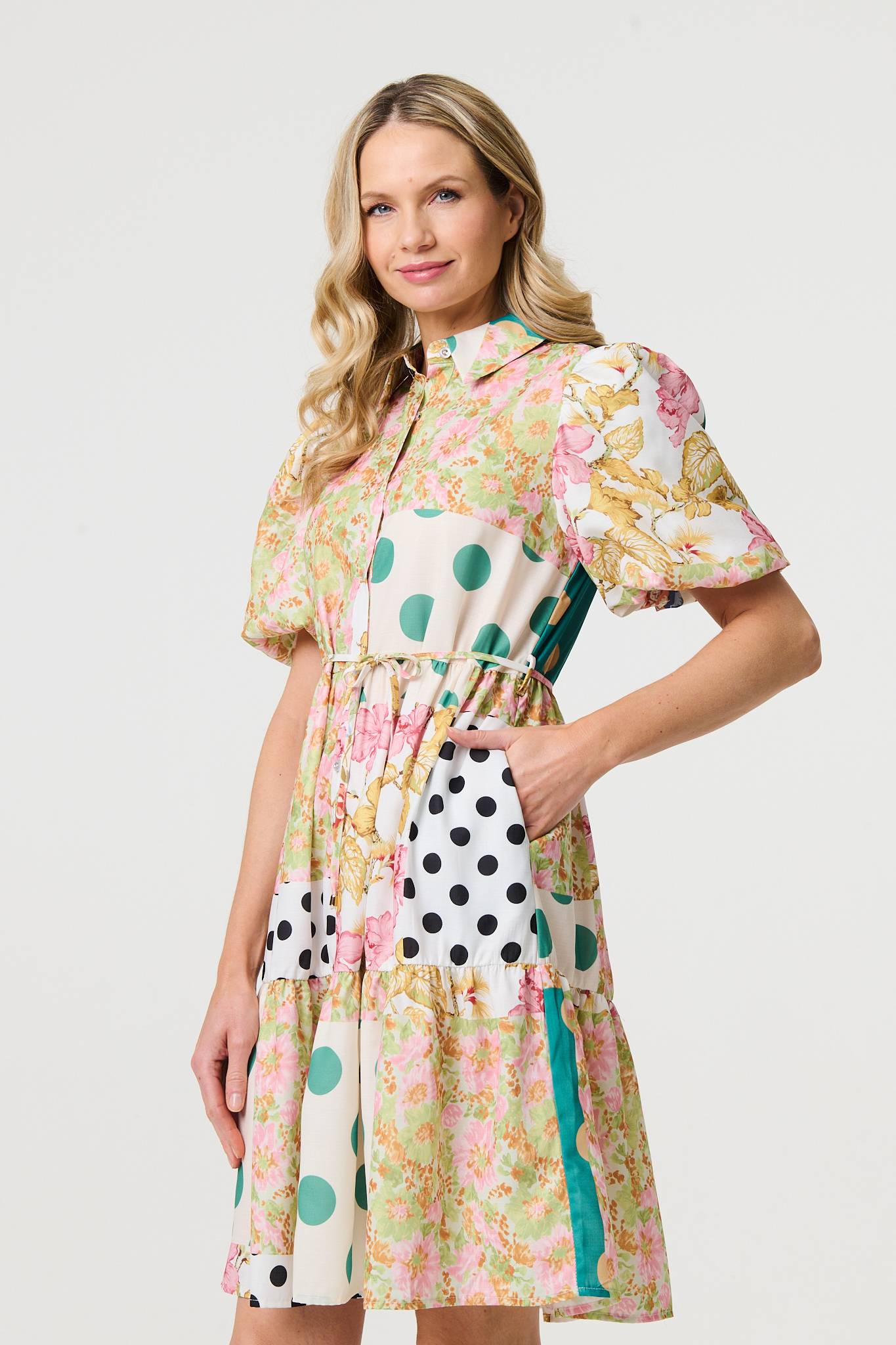 Patchwork Print Knee Length Shirt Dress Back View