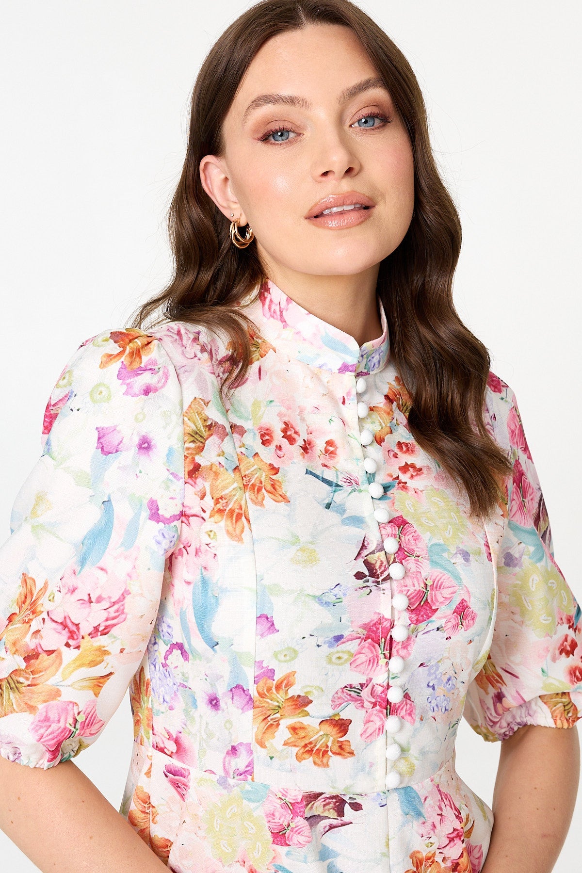 Floral 1/2 Sleeve High Neck Midi Dress Detail View