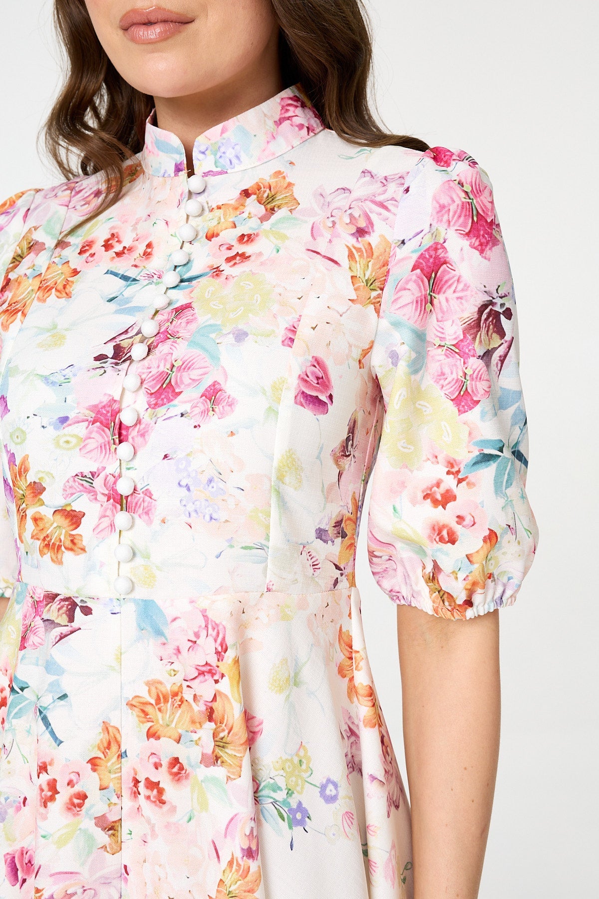Floral 1/2 Sleeve High Neck Midi Dress Styled View