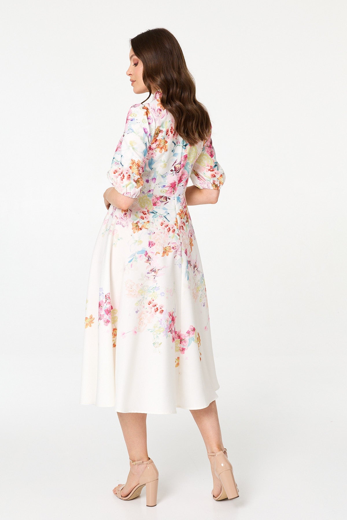 Floral 1/2 Sleeve High Neck Midi Dress Side View