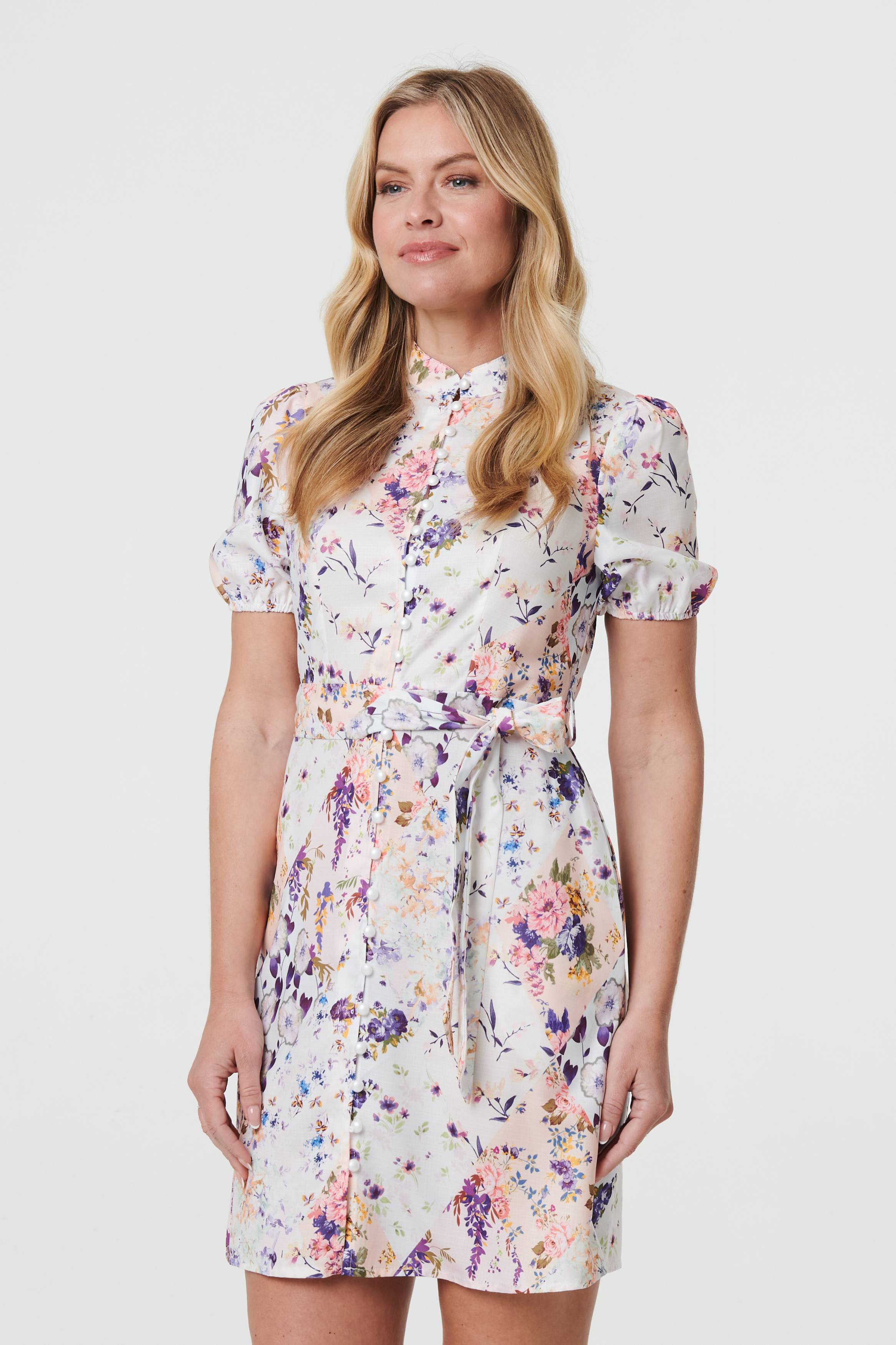Floral High Neck Tie Waist Short Dress Front View