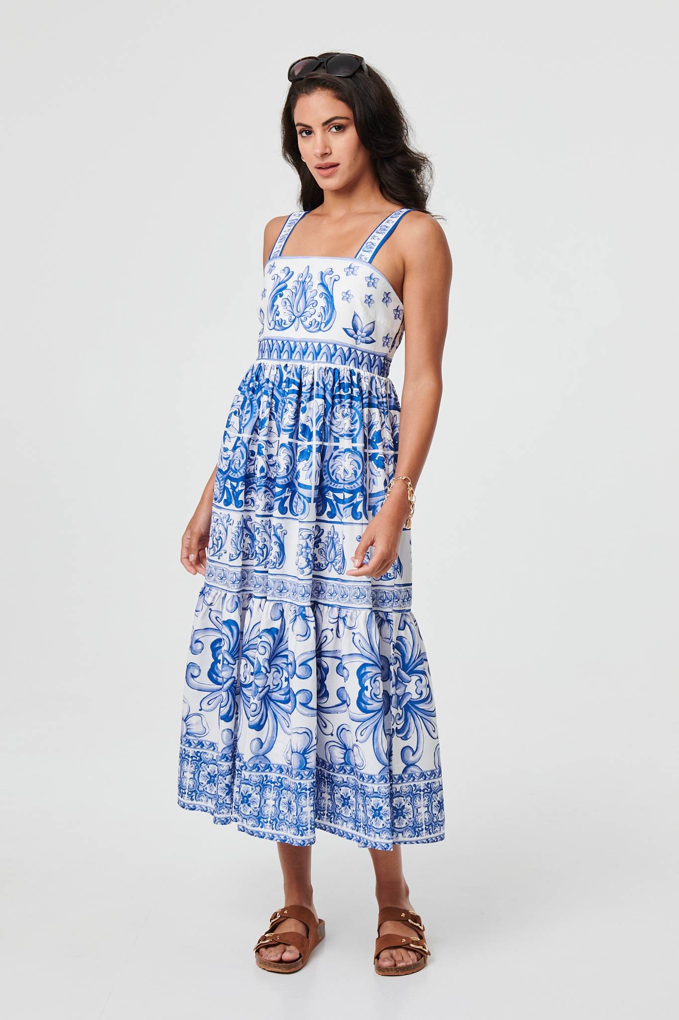 Mosaic Print Wide Strap Midi Sun Dress Front View