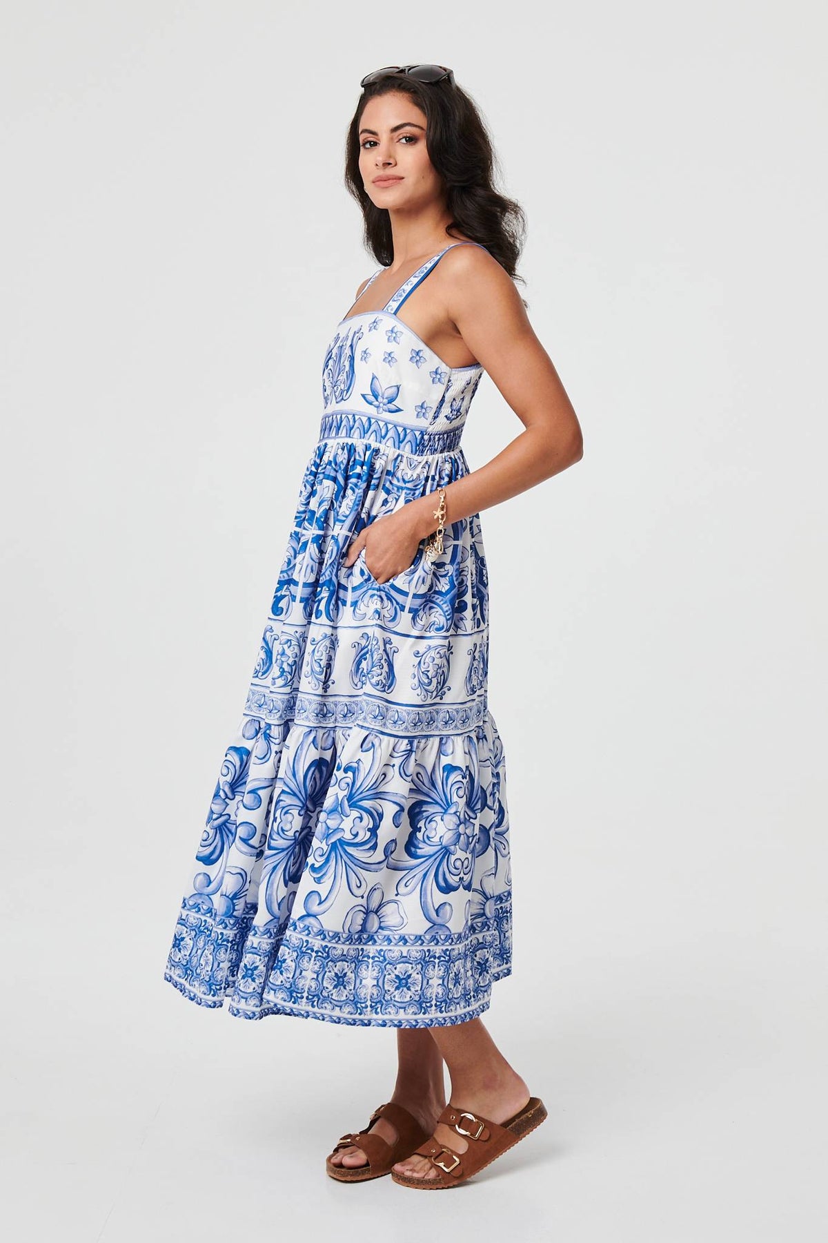 Mosaic Print Wide Strap Midi Sun Dress Styled View