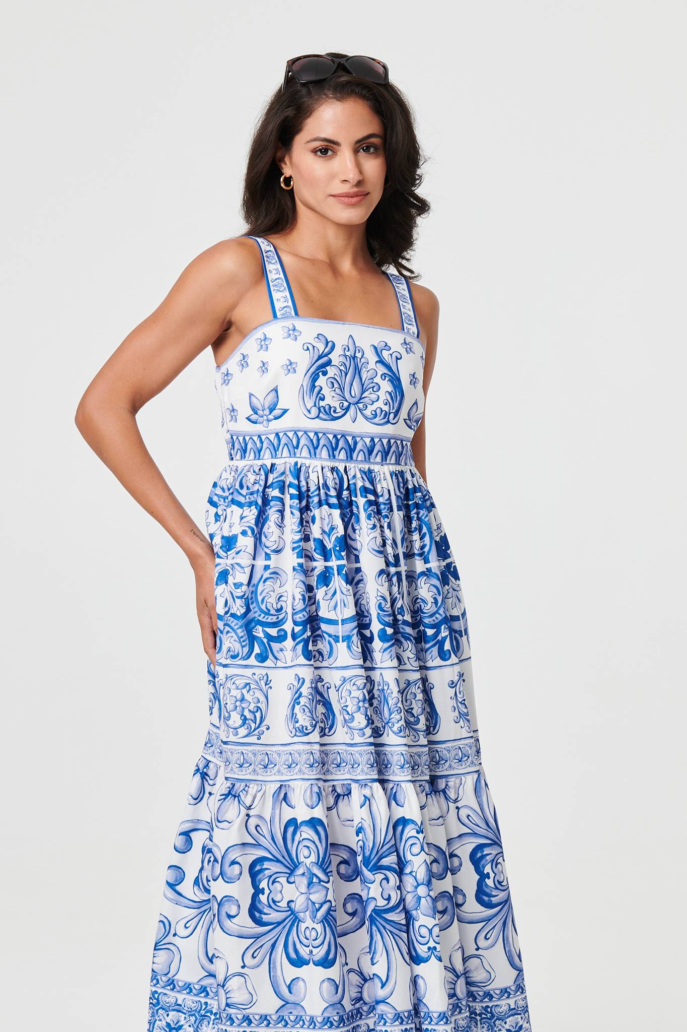 Mosaic Print Wide Strap Midi Sun Dress Detail View