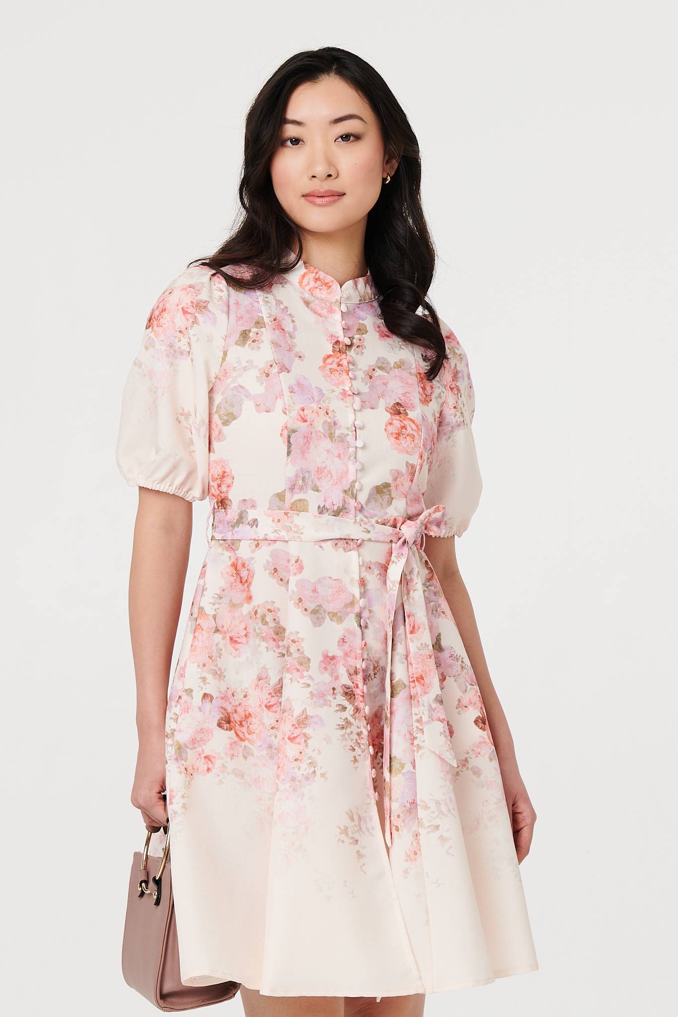 Floral Knee Length Tie Waist Dress Styled View