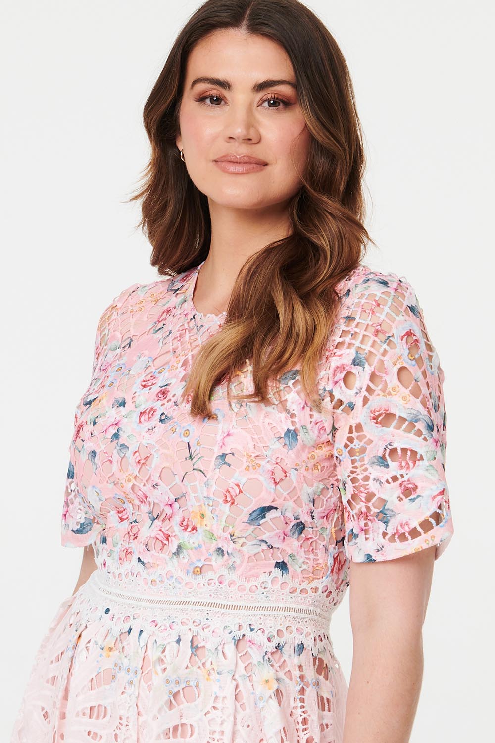 Floral Mesh Layer 1/2 Sleeve Midi Dress Detail View
