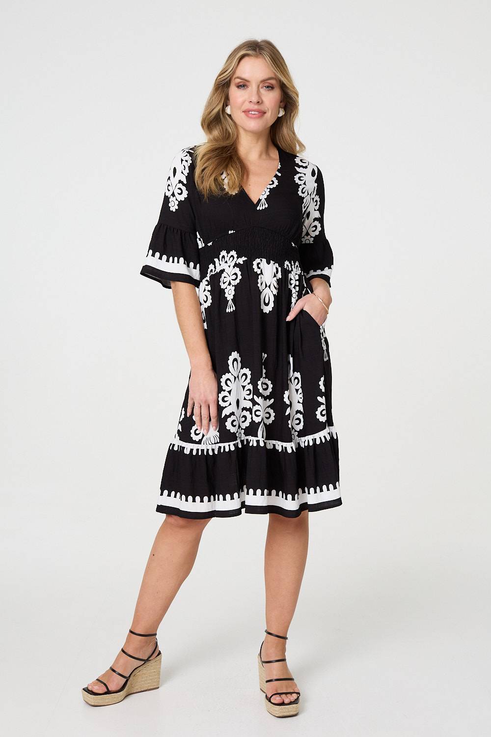 Ikat Print 1/2 Sleeve Relaxed Short Dress Styled View 2