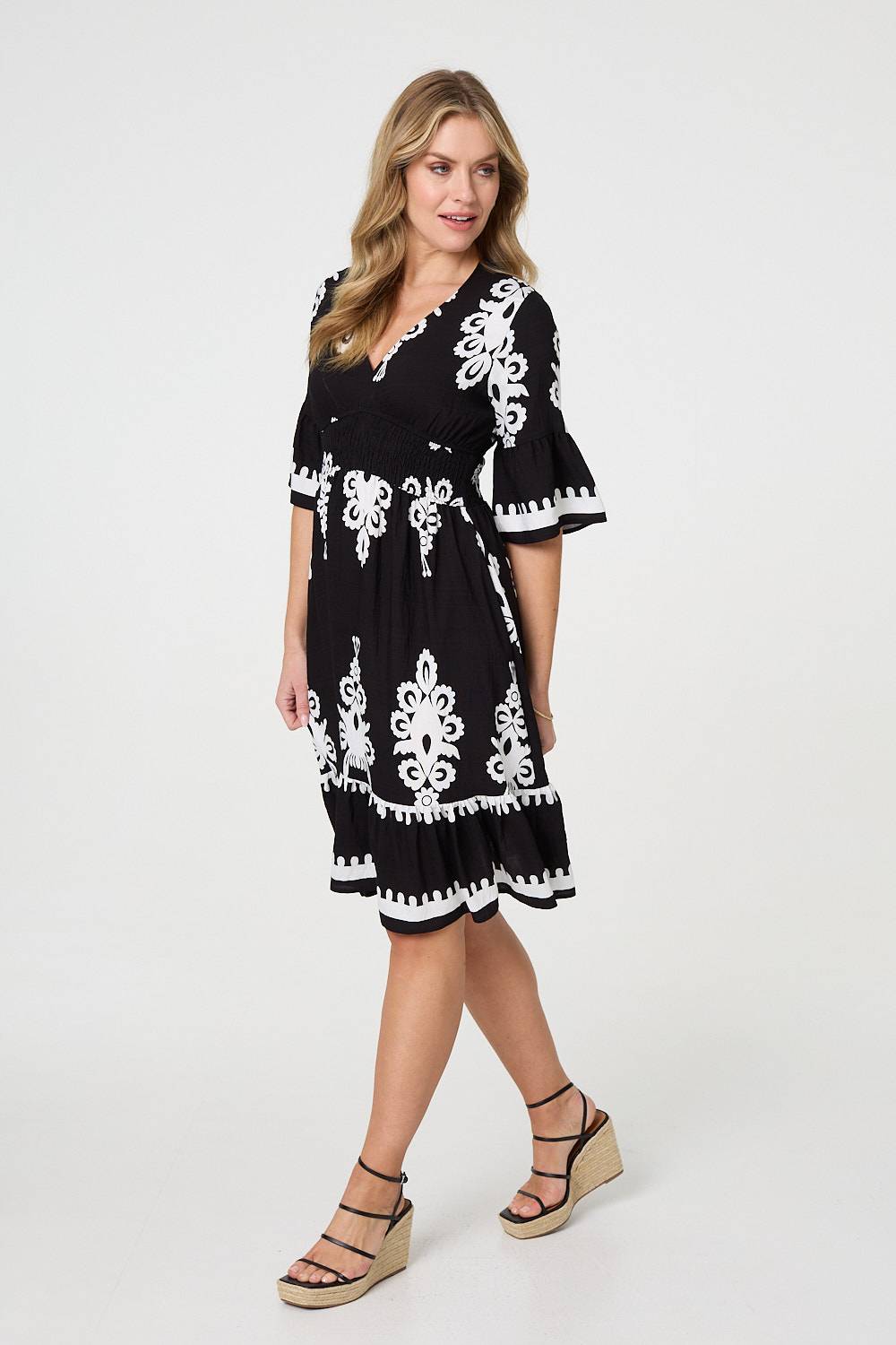 Ikat Print 1/2 Sleeve Relaxed Short Dress Back View 4