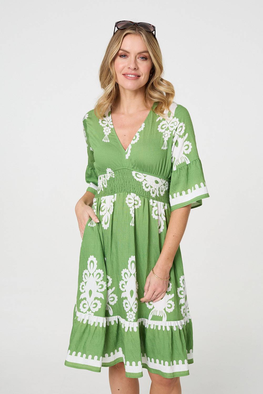 Ikat Print 1/2 Sleeve Relaxed Short Dress Front View 2
