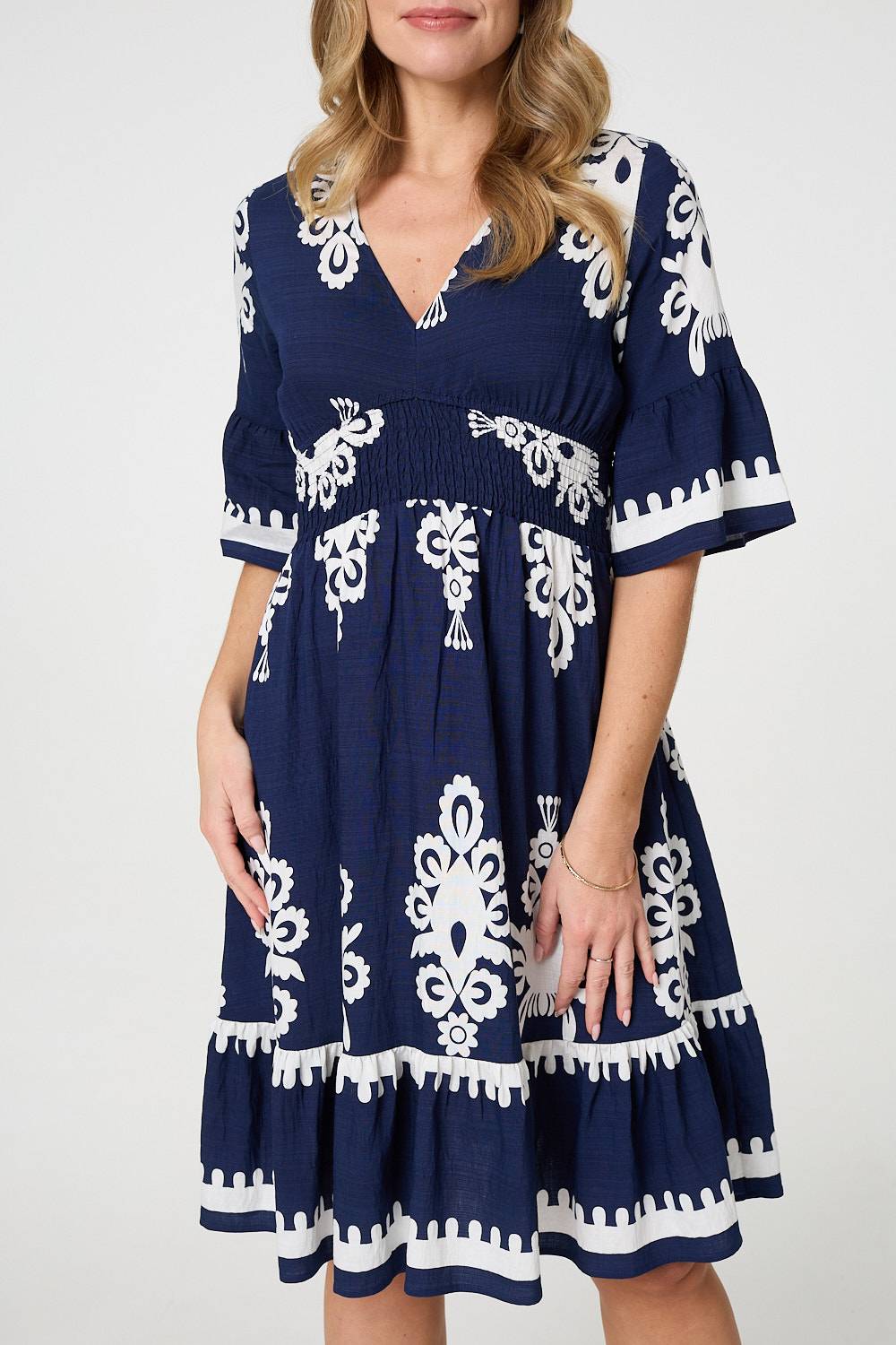 Ikat Print 1/2 Sleeve Relaxed Short Dress Detail View 3