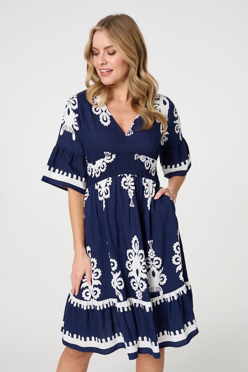 Ikat Print 1/2 Sleeve Relaxed Short Dress Front View