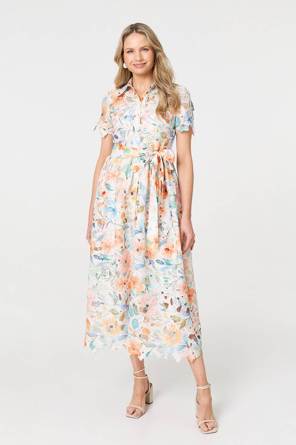 Floral Lace Tie Waist Midi Shirt Dress Side View 2