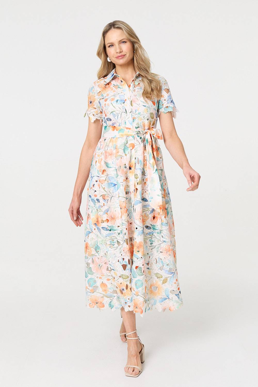 Floral Lace Tie Waist Midi Shirt Dress Side View