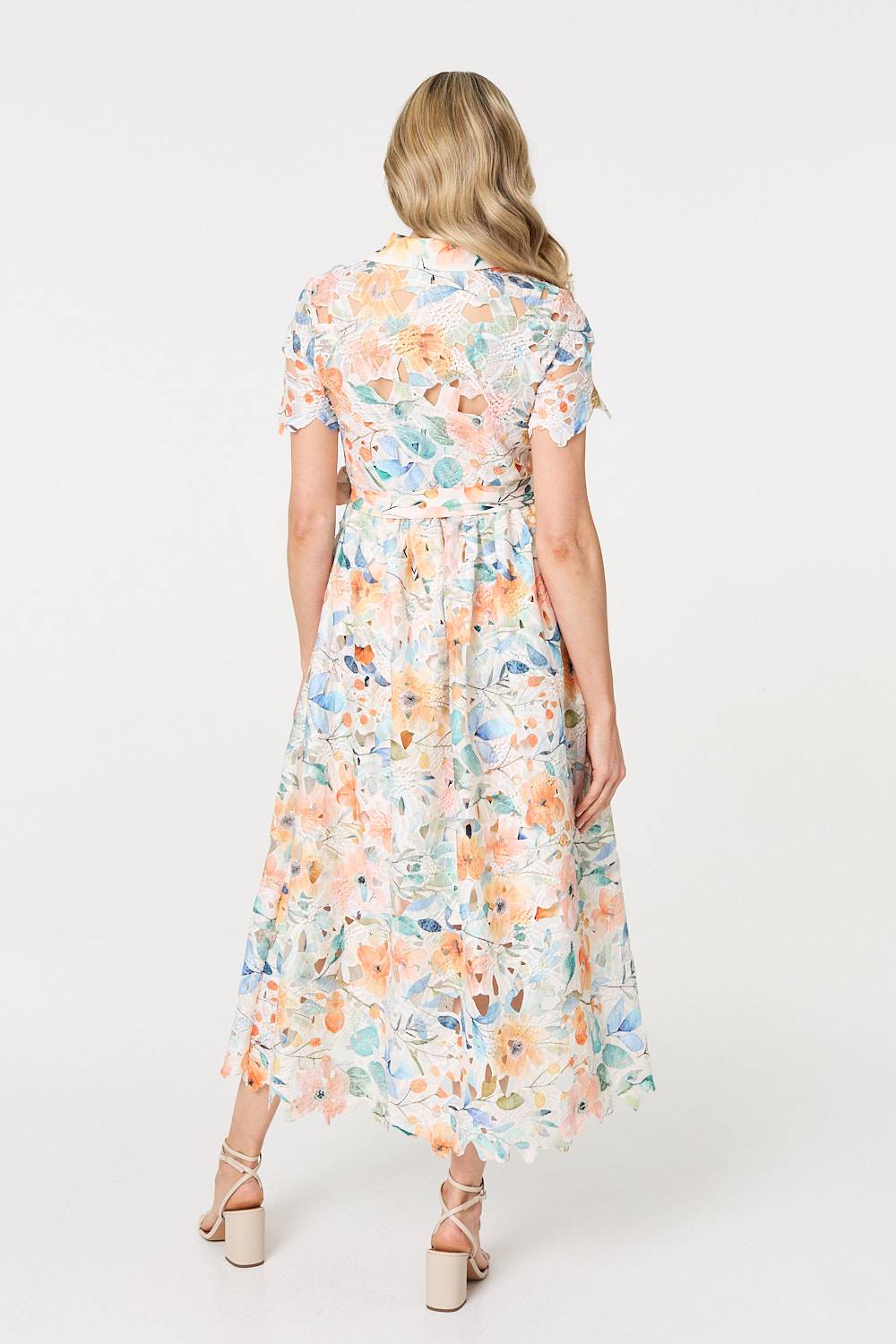 Floral Lace Tie Waist Midi Shirt Dress Styled View