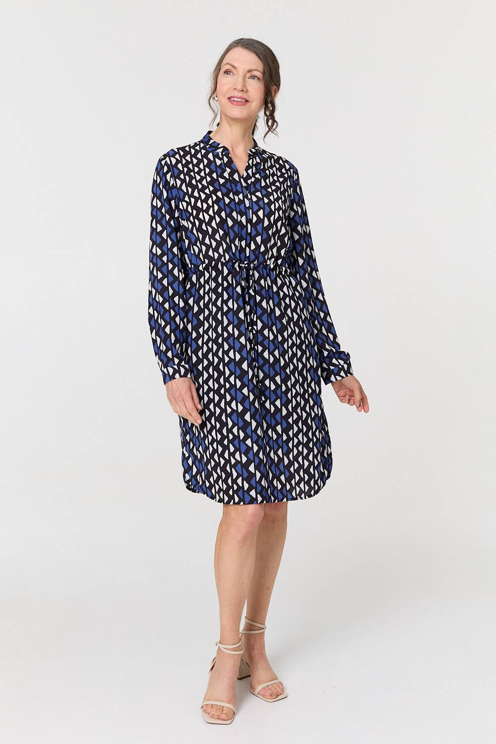 Geo Print Tie Waist Knee Length Dress Full Length View