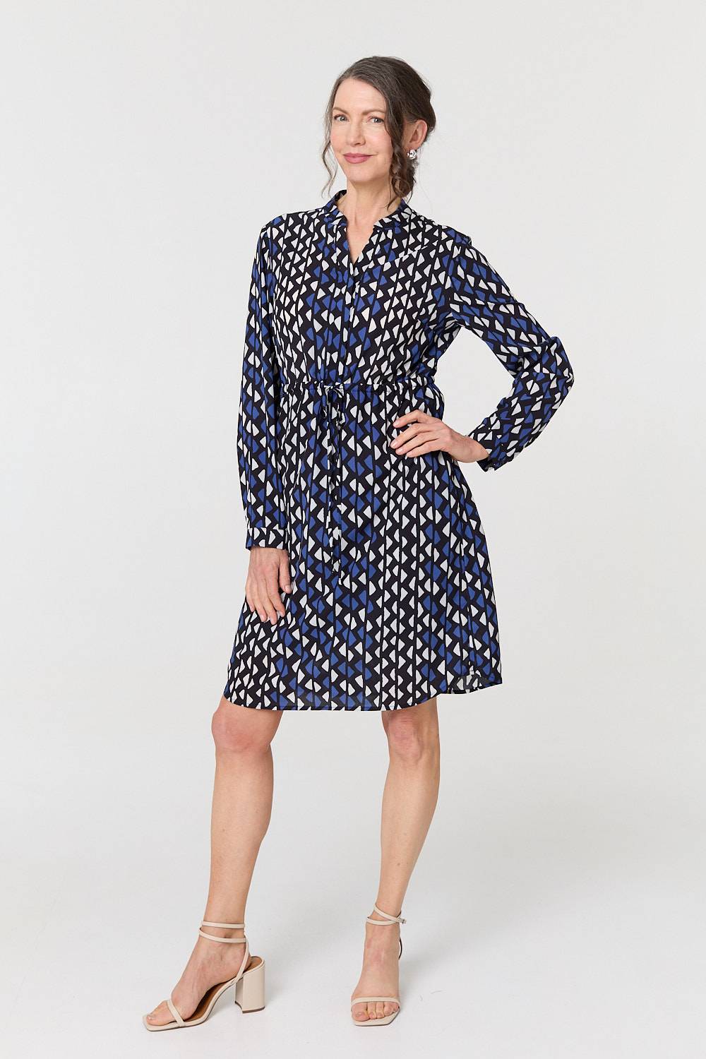 Geo Print Tie Waist Knee Length Dress Back View