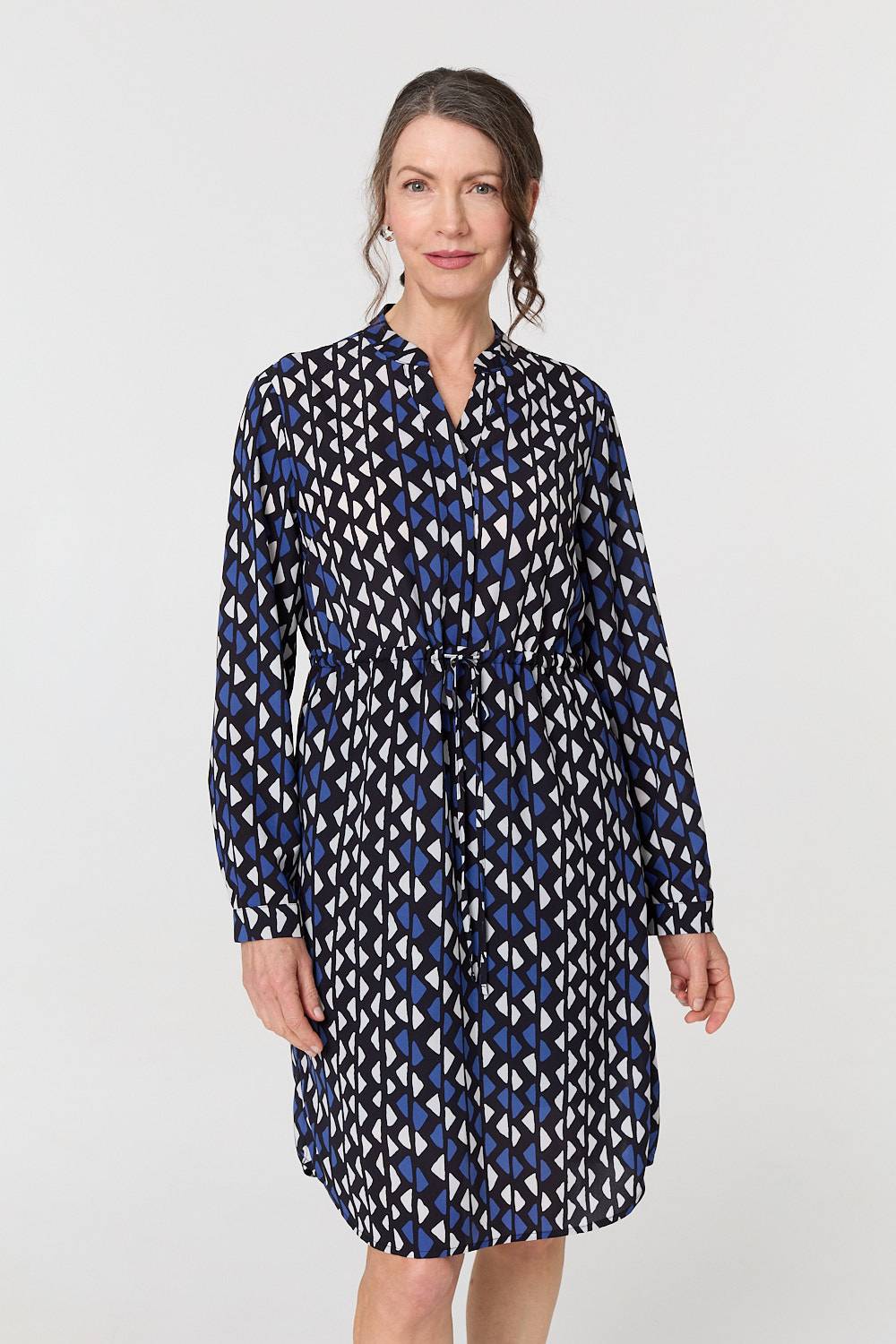 Geo Print Tie Waist Knee Length Dress Front View
