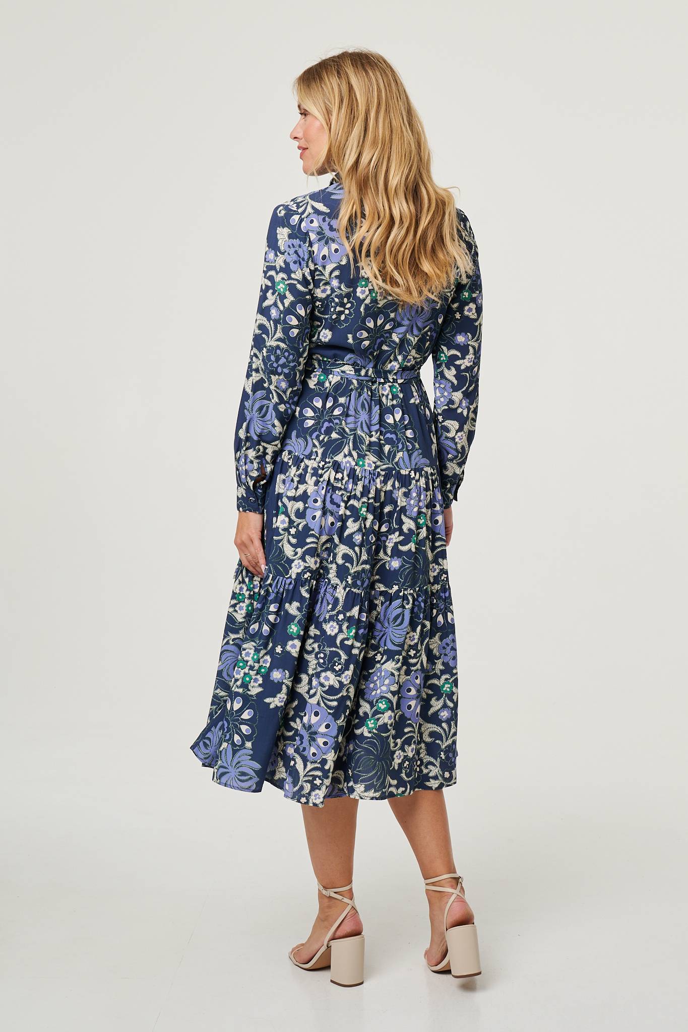 Floral Tie Waist Tiered Midi Dress Detail View