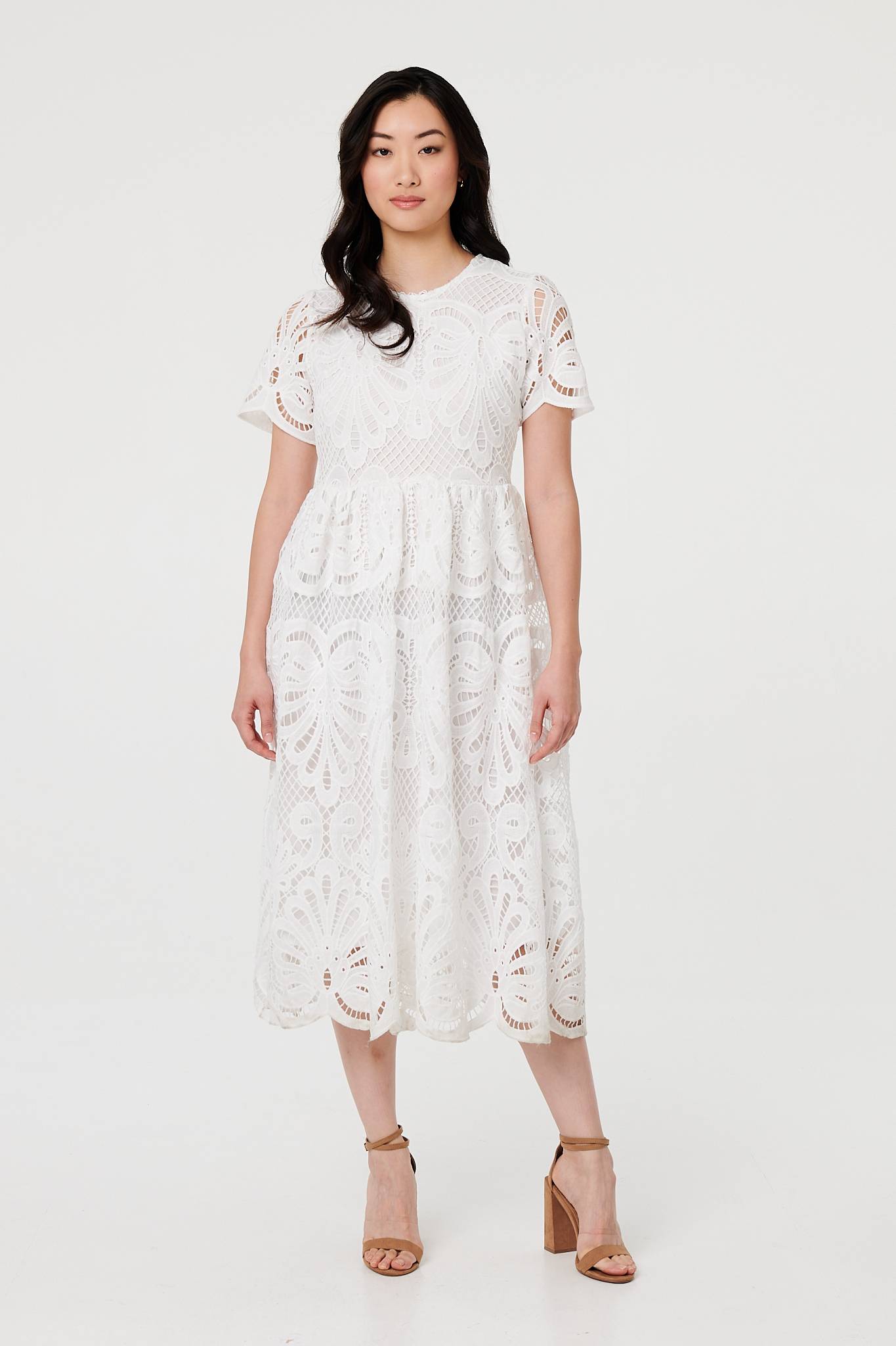 Semi Sheer Lace Layered Midi Dress Front View