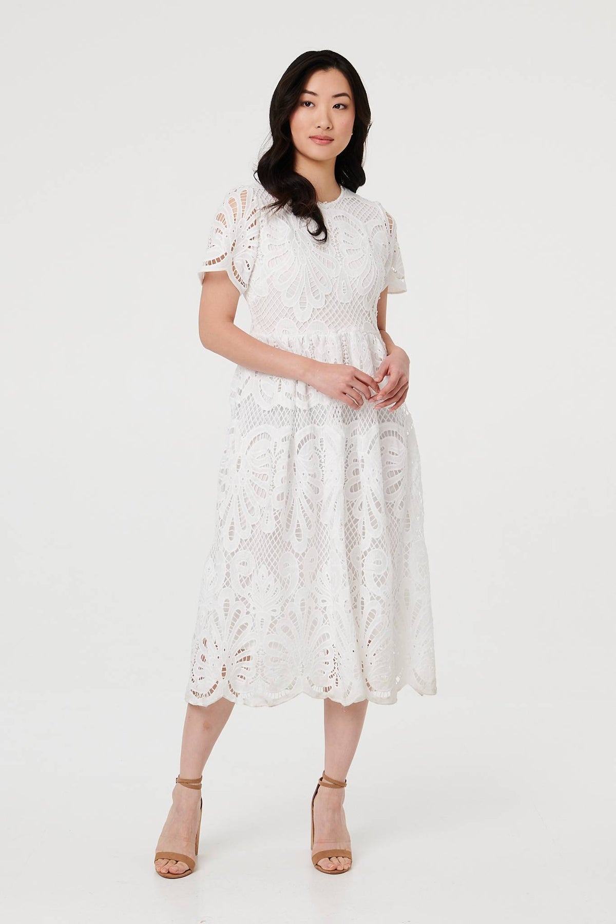 Semi Sheer Lace Layered Midi Dress Detail View