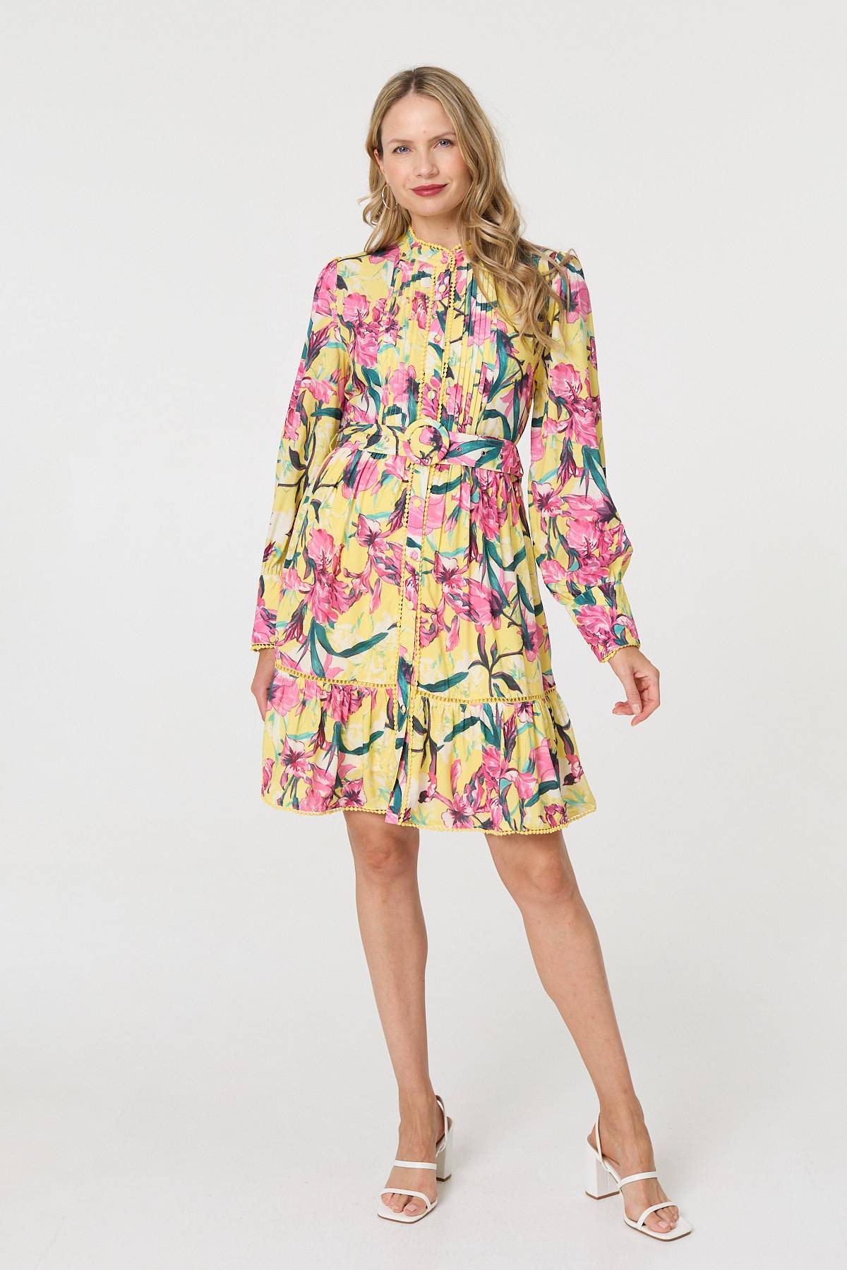 Floral High Neck Long Sleeve Short Dress Back View
