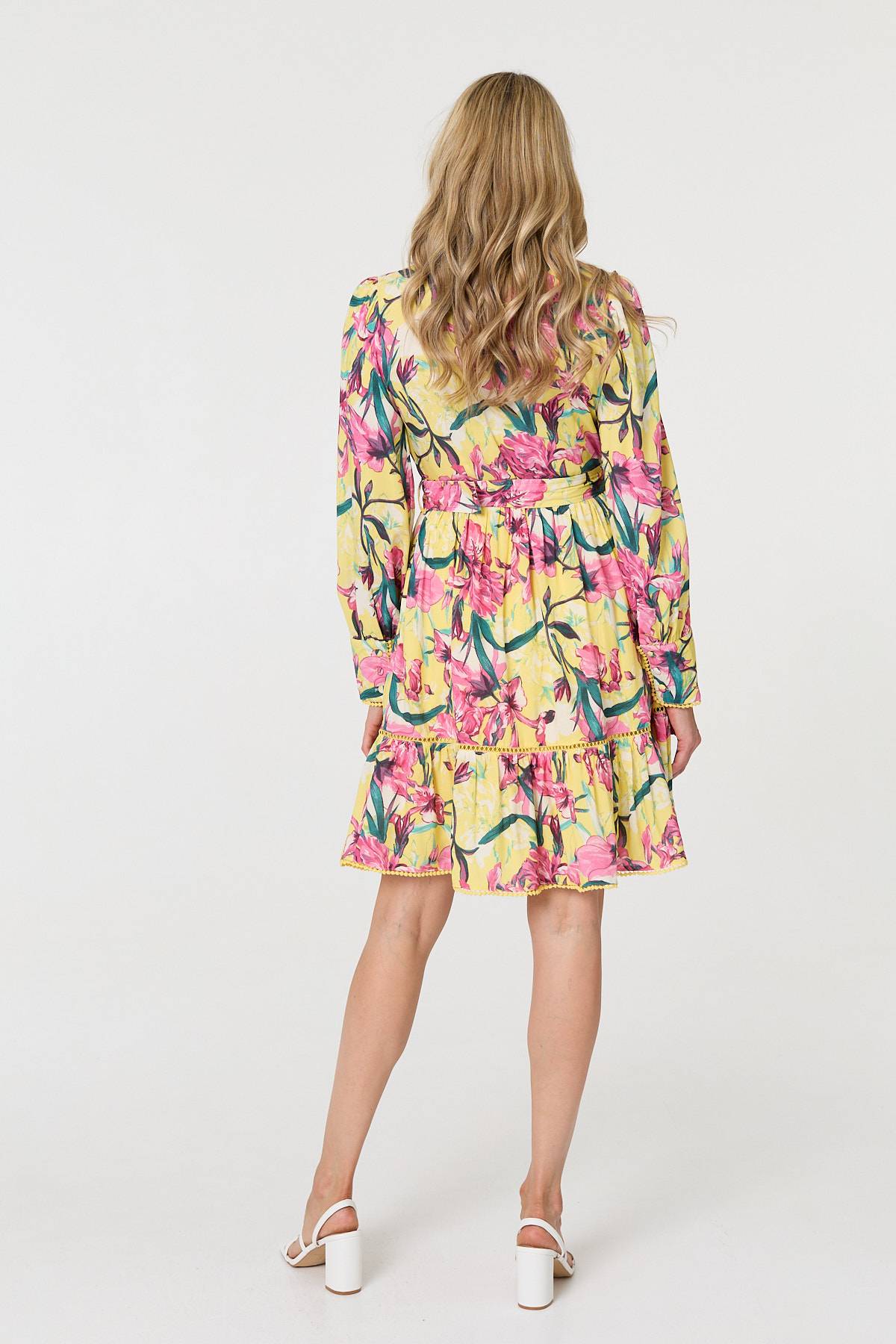 Floral High Neck Long Sleeve Short Dress Detail View
