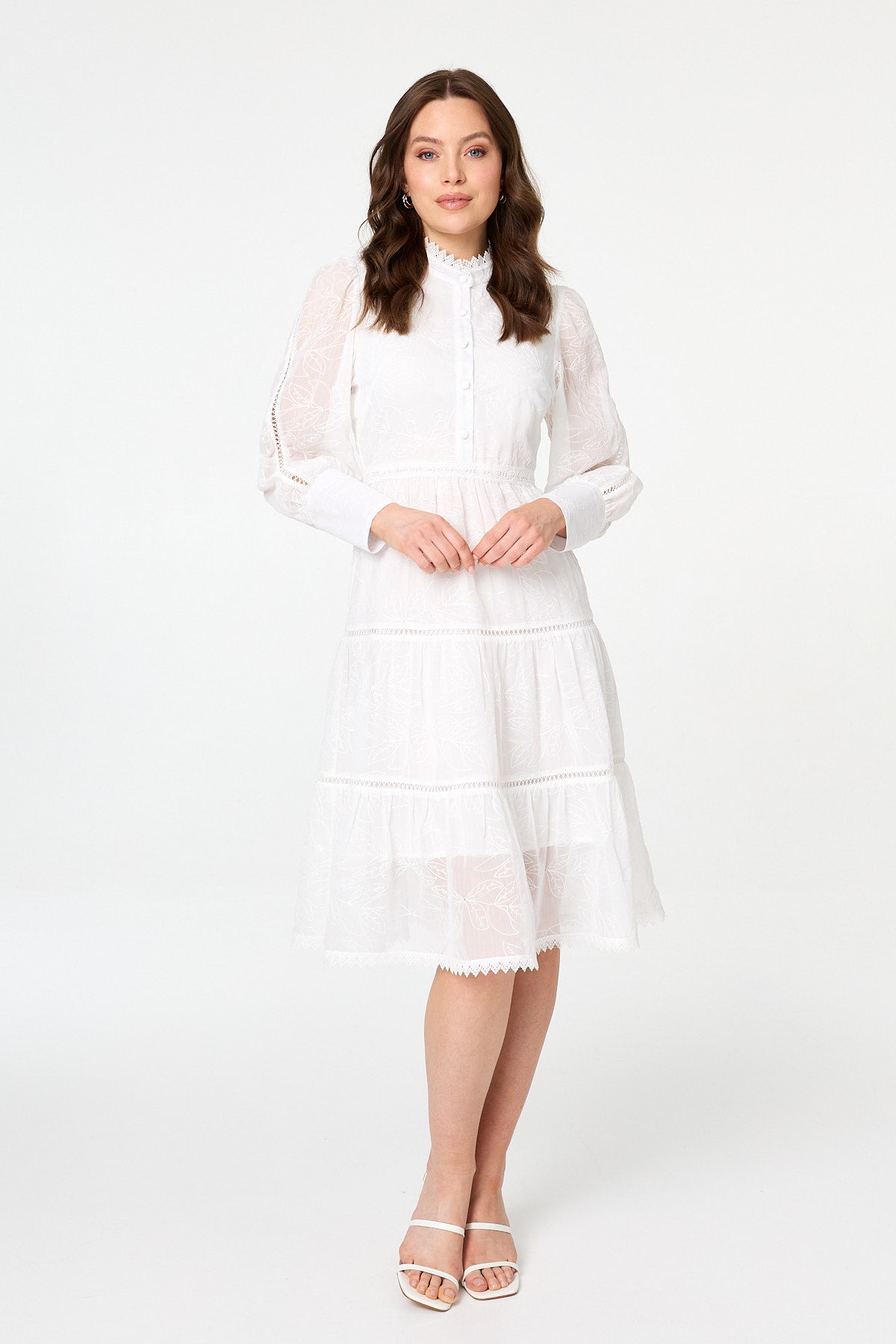 Embroidered Tiered Knee Length Dress Front View