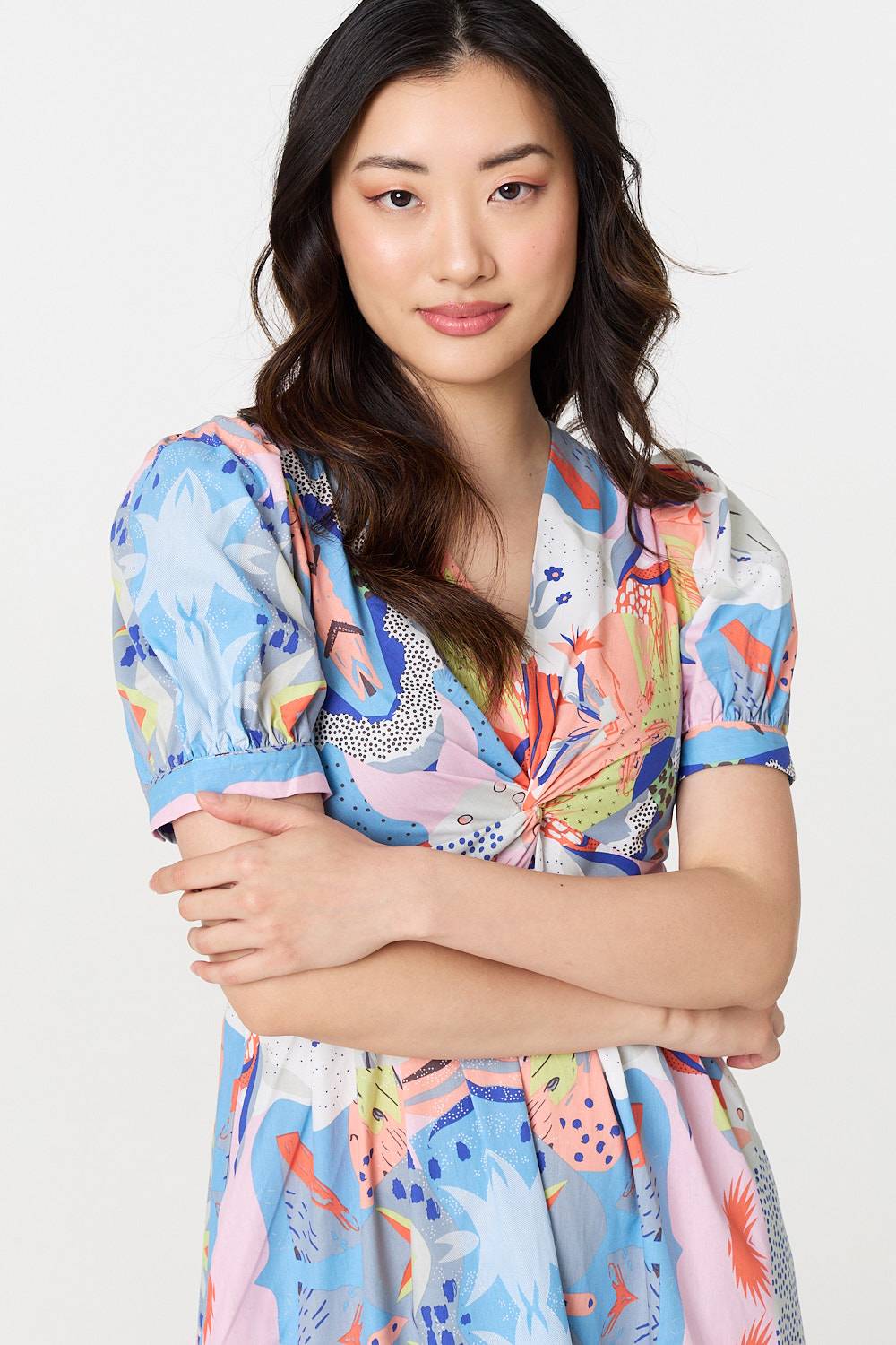 Abstract Ruched Front Empire Midi Dress Back View 2