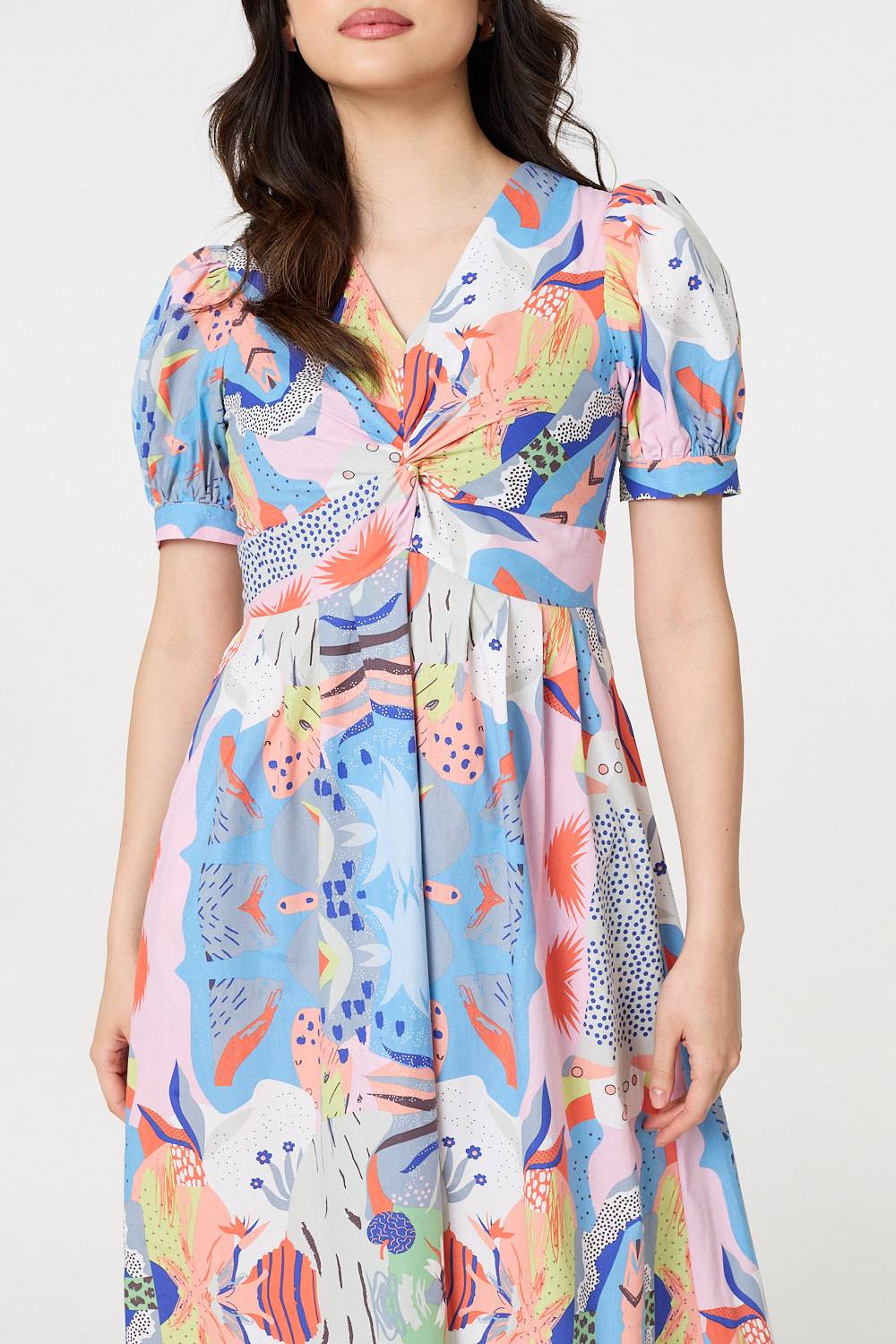 Abstract Ruched Front Empire Midi Dress Front View 2