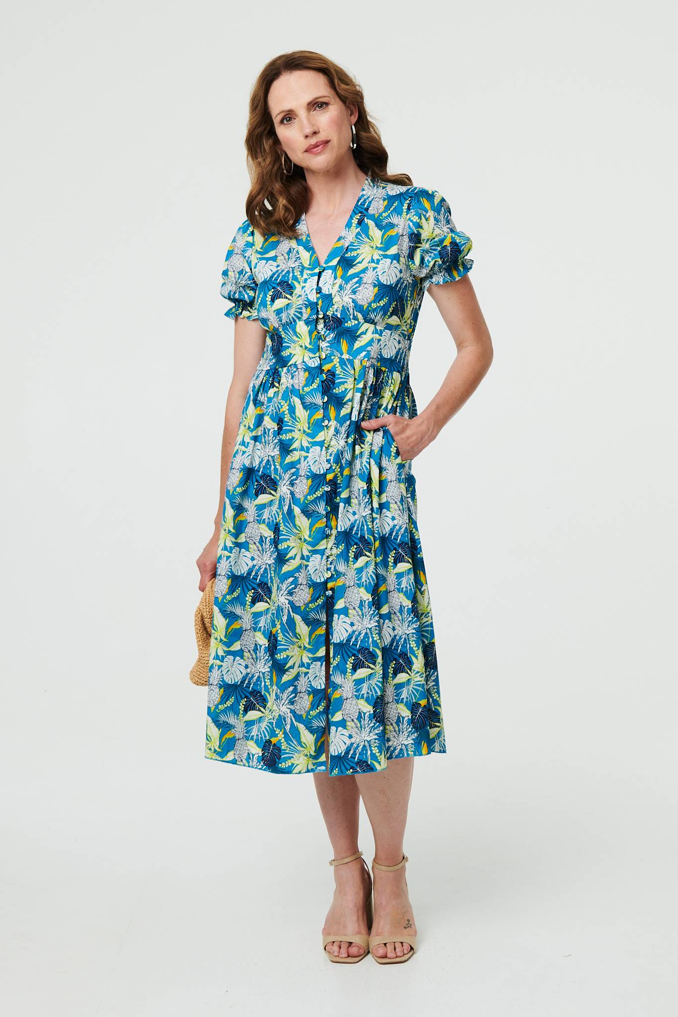 Leaf Print Short Sleeve Shirt Midi Dress Front View
