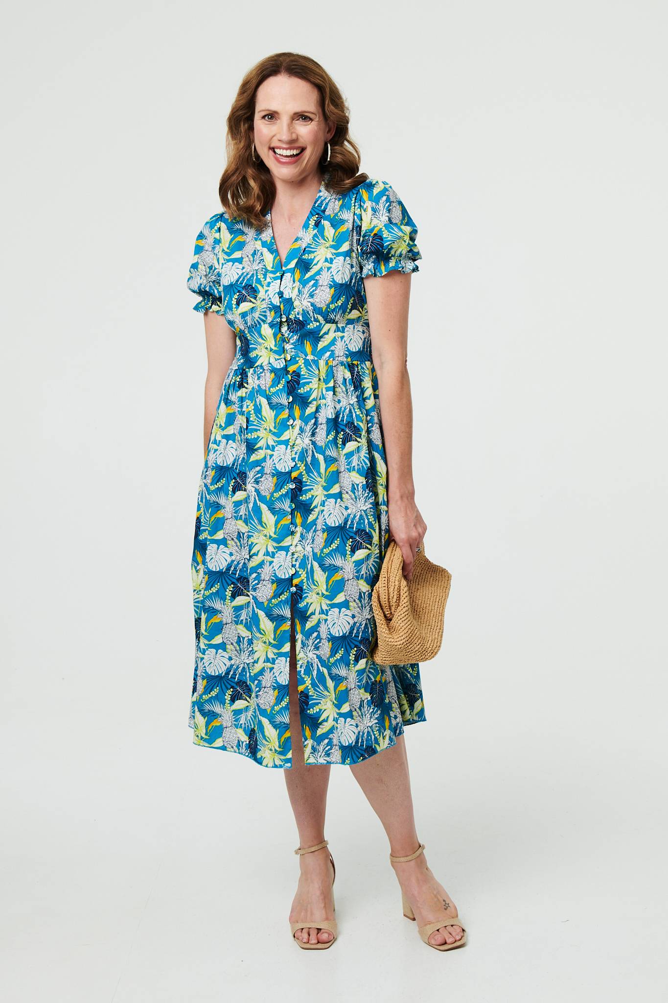 Leaf Print Short Sleeve Shirt Midi Dress Front View 2