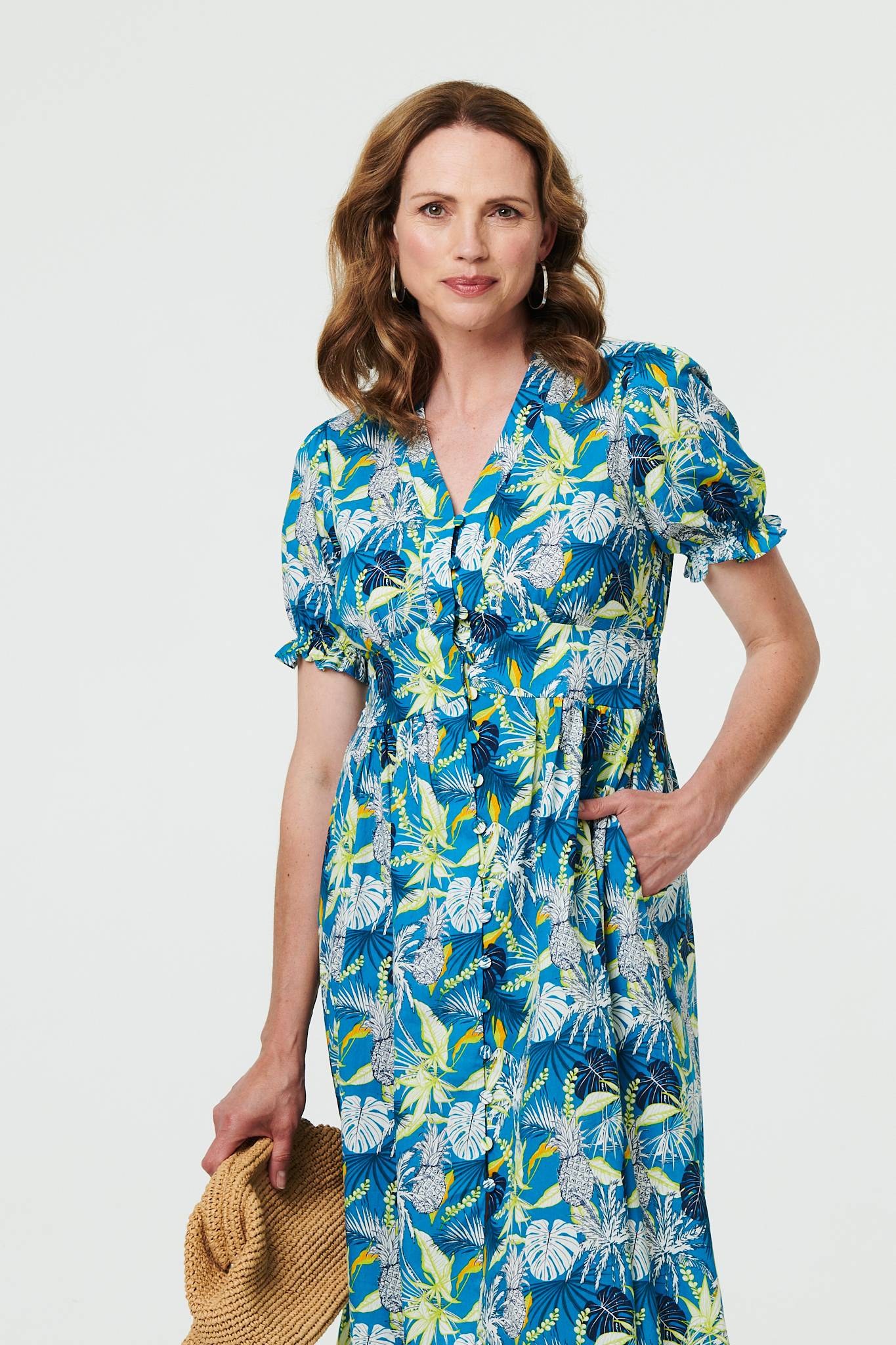Leaf Print Short Sleeve Shirt Midi Dress Back View