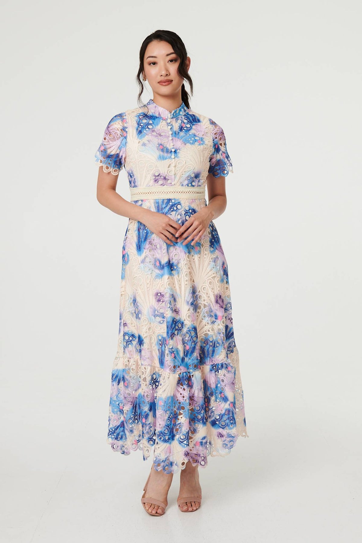 Floral Lace Trim High Neck Maxi Dress Front View