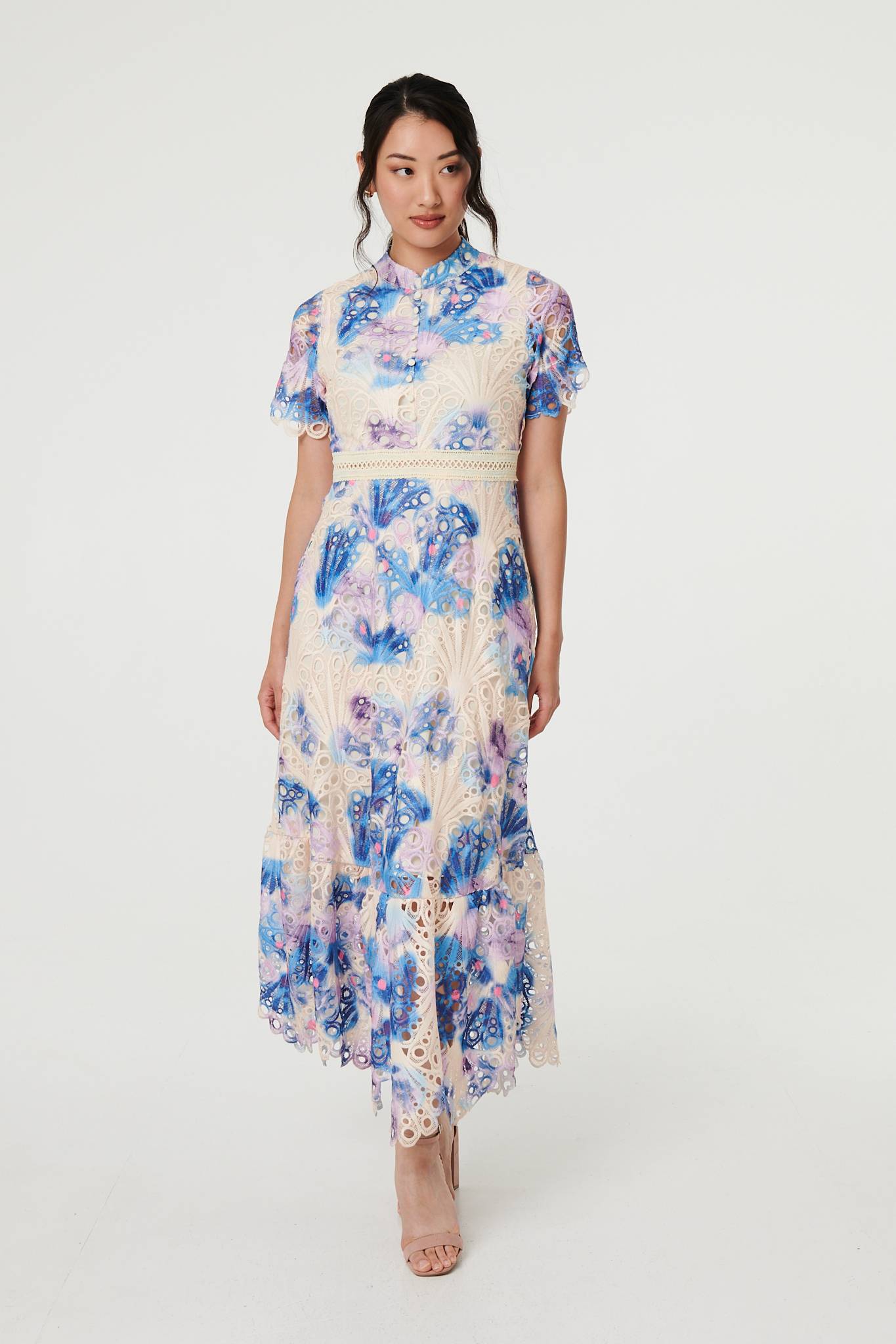 Floral Lace Trim High Neck Maxi Dress Full Length View