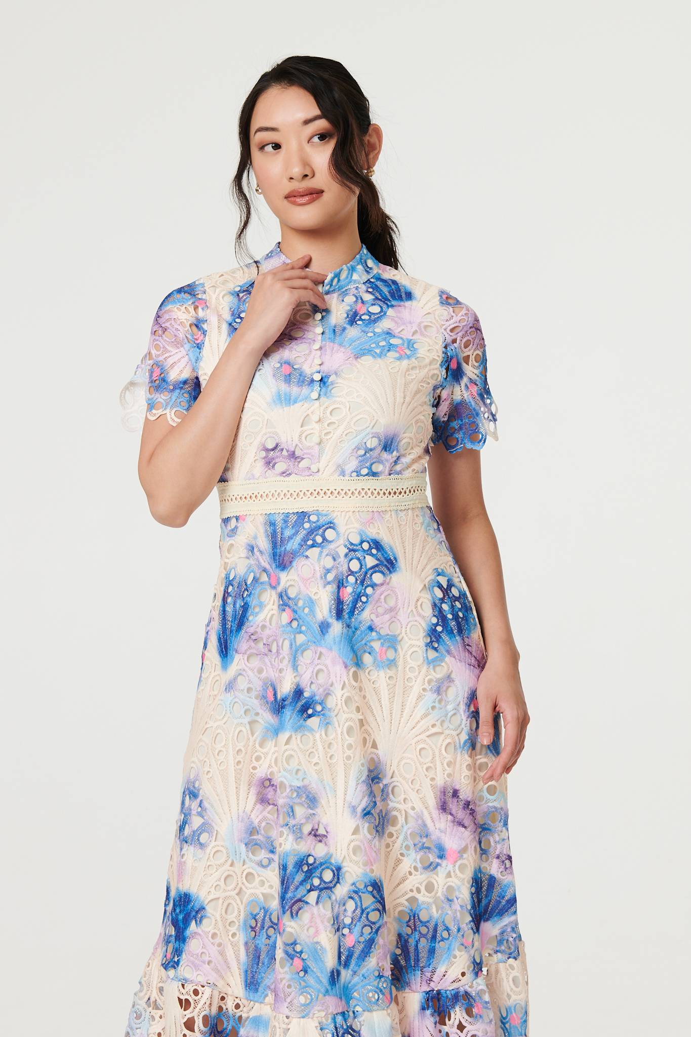 Floral Lace Trim High Neck Maxi Dress Back View
