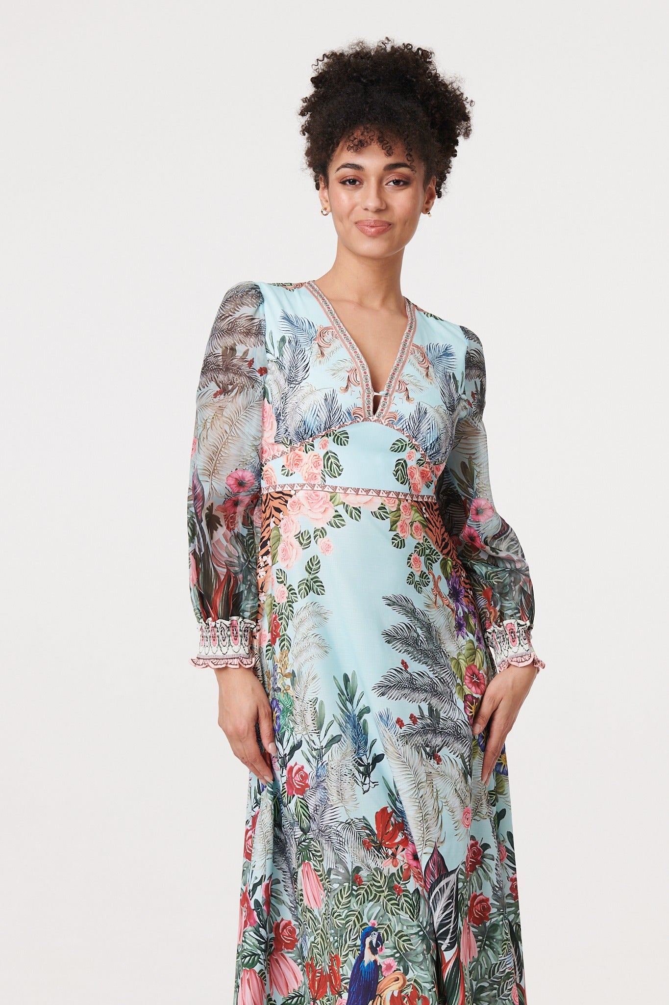 Tropical Print Empire Waist Midi Dress Back View