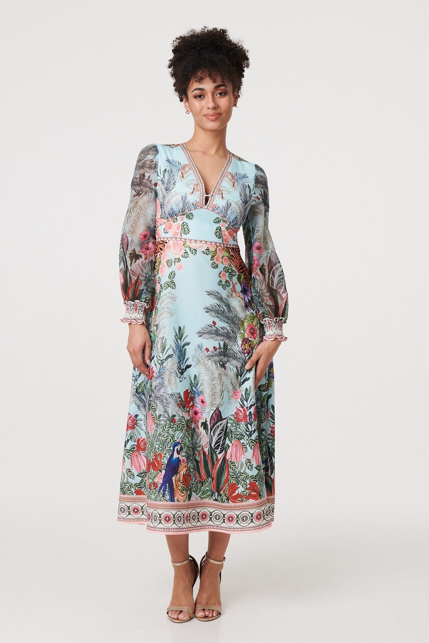 Tropical Print Empire Waist Midi Dress Front View
